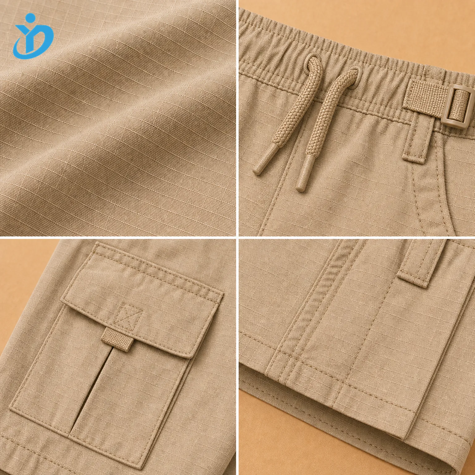 Detail grid for custom kids cargo shorts showing ripstop fabric, adjustable waist, cargo pocket, durable stitching and Dongguan Yidi Clothing Co Ltd transparent logo