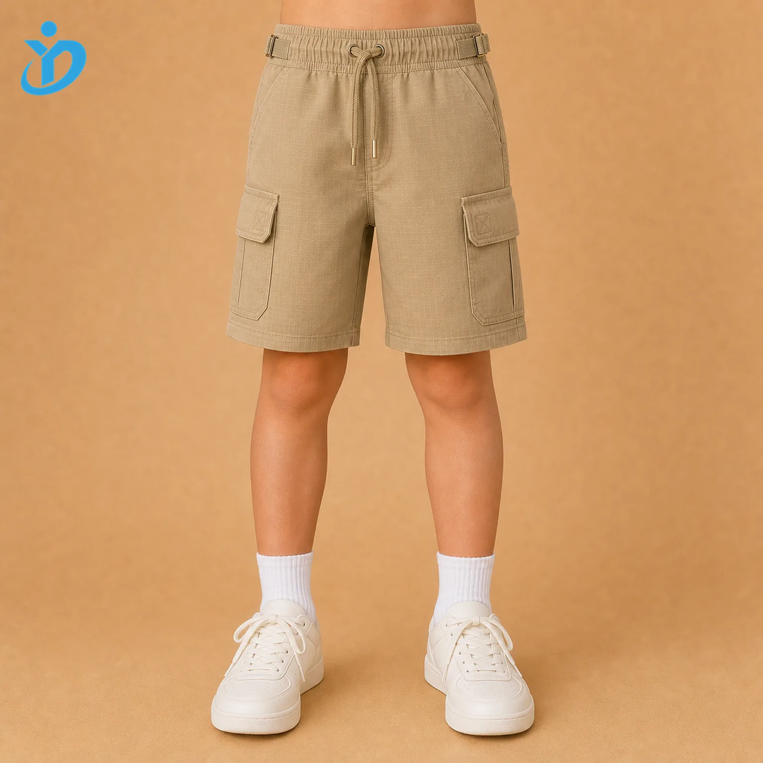 Lower body front view of custom kids cargo shorts with khaki ripstop fabric, durable cotton twill, utility pockets, adjustable waist and Dongguan Yidi Clothing Co Ltd transparent logo