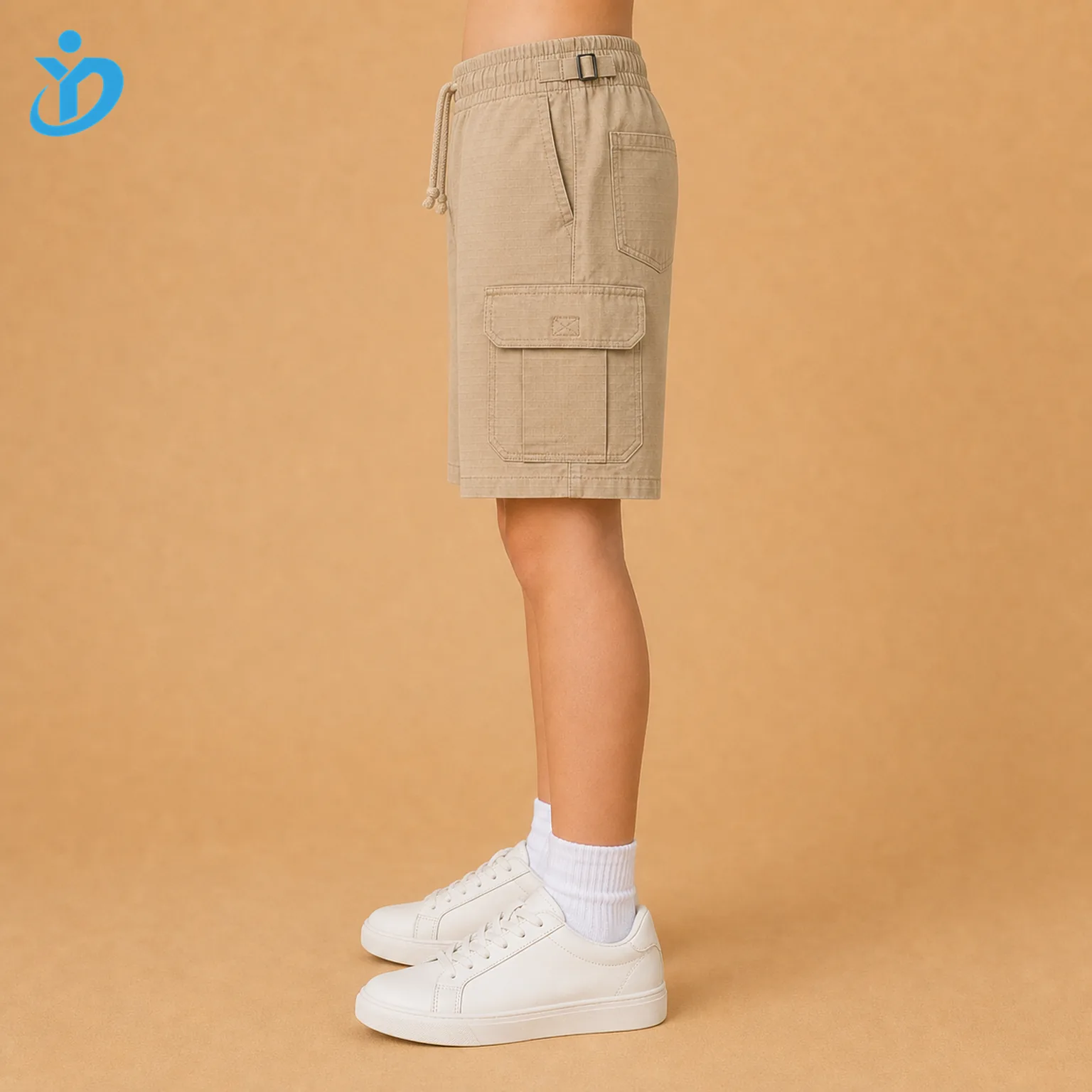 Lower body side view of custom kids cargo shorts showing large cargo pocket, adjustable waistband, ripstop cotton twill and Dongguan Yidi Clothing Co Ltd transparent logo