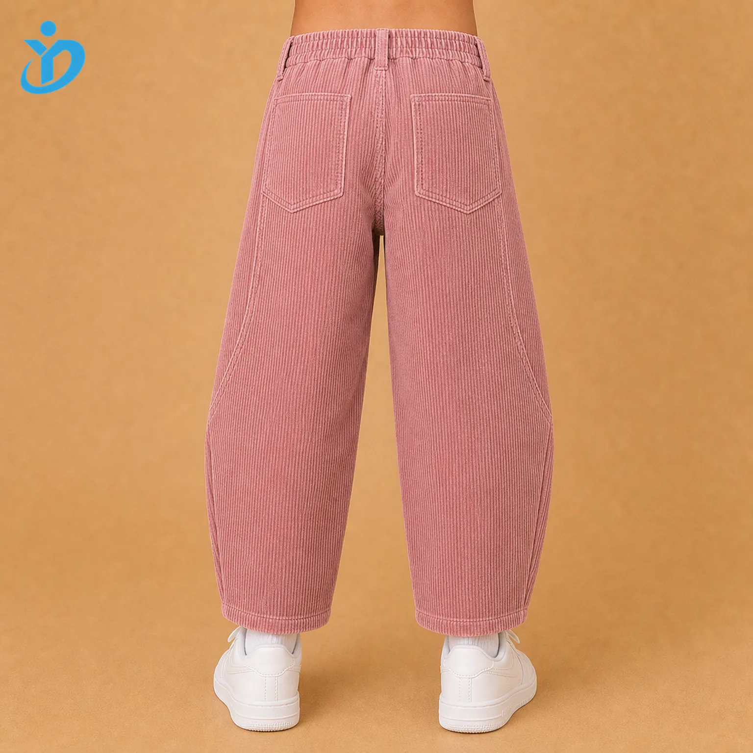 Lower body back view of custom kids corduroy barrel leg pants with rose pink corduroy, back patch pockets, barrel leg curve and Dongguan Yidi Clothing Co Ltd transparent logo