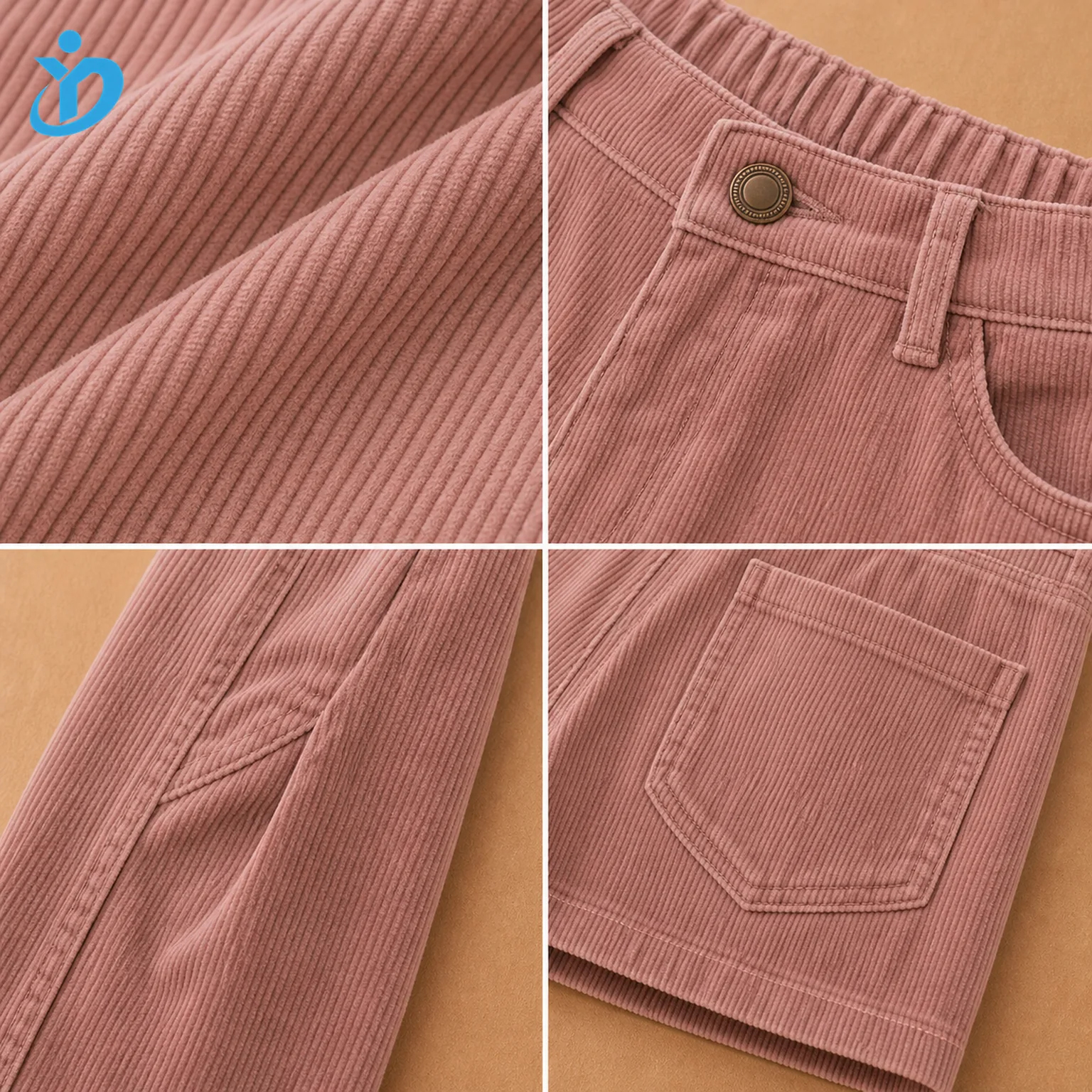 Detail grid for custom kids corduroy barrel leg pants showing wide wale corduroy ribs, waistband, curved shaping seam, back pocket, clean hem and Dongguan Yidi Clothing Co Ltd transparent logo
