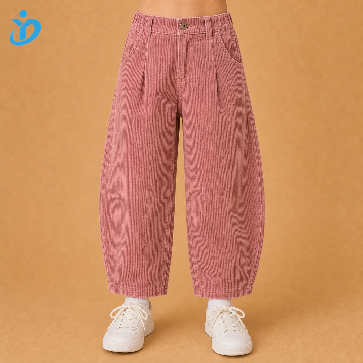 Lower body front view of custom kids corduroy barrel leg pants in rose pink wide wale corduroy with curved barrel silhouette, vintage style and Dongguan Yidi Clothing Co Ltd transparent logo