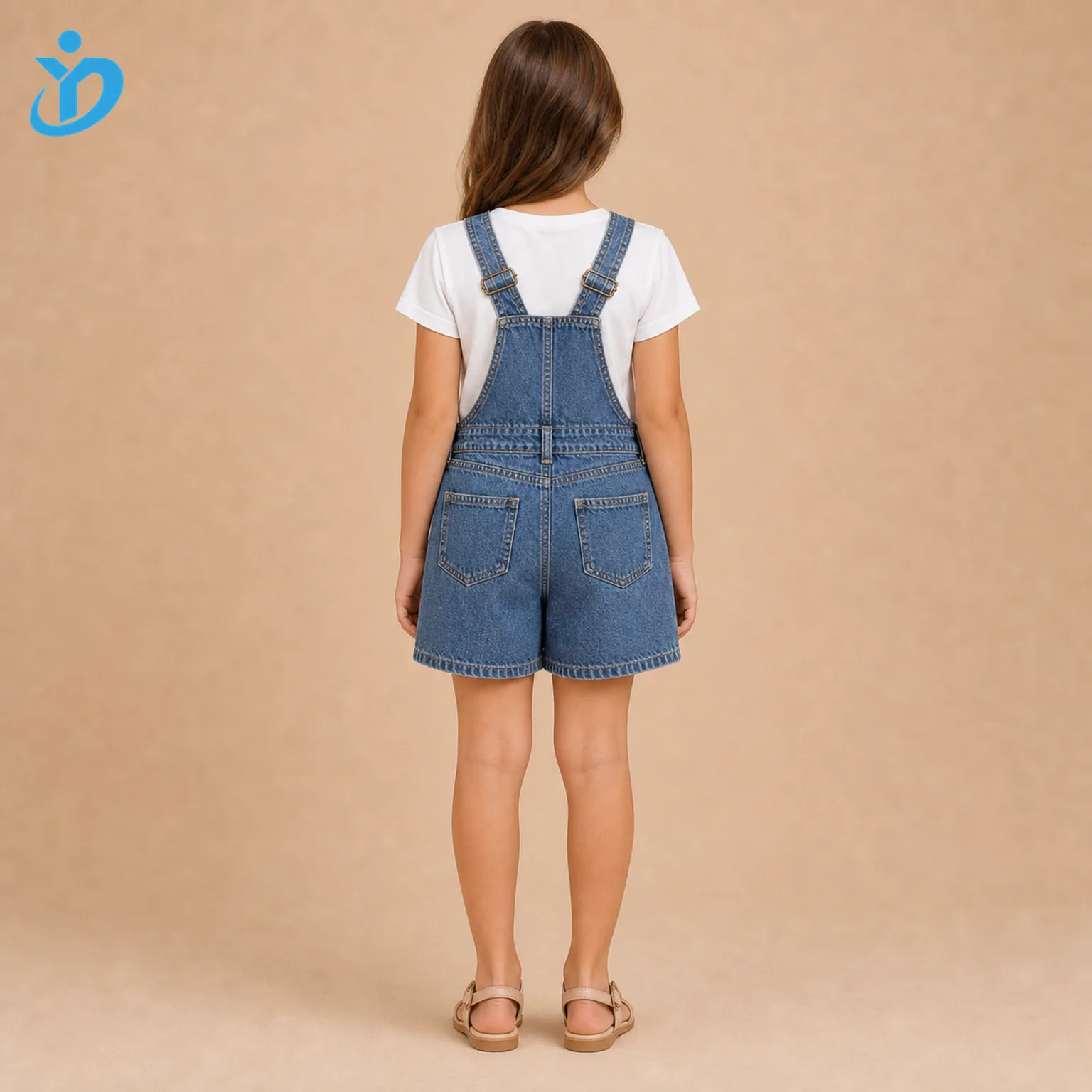 Full body back view of custom kids denim overall romper with adjustable straps, washed denim, enzyme wash effect, back pockets, double topstitching and Dongguan Yidi Clothing Co Ltd transparent logo
