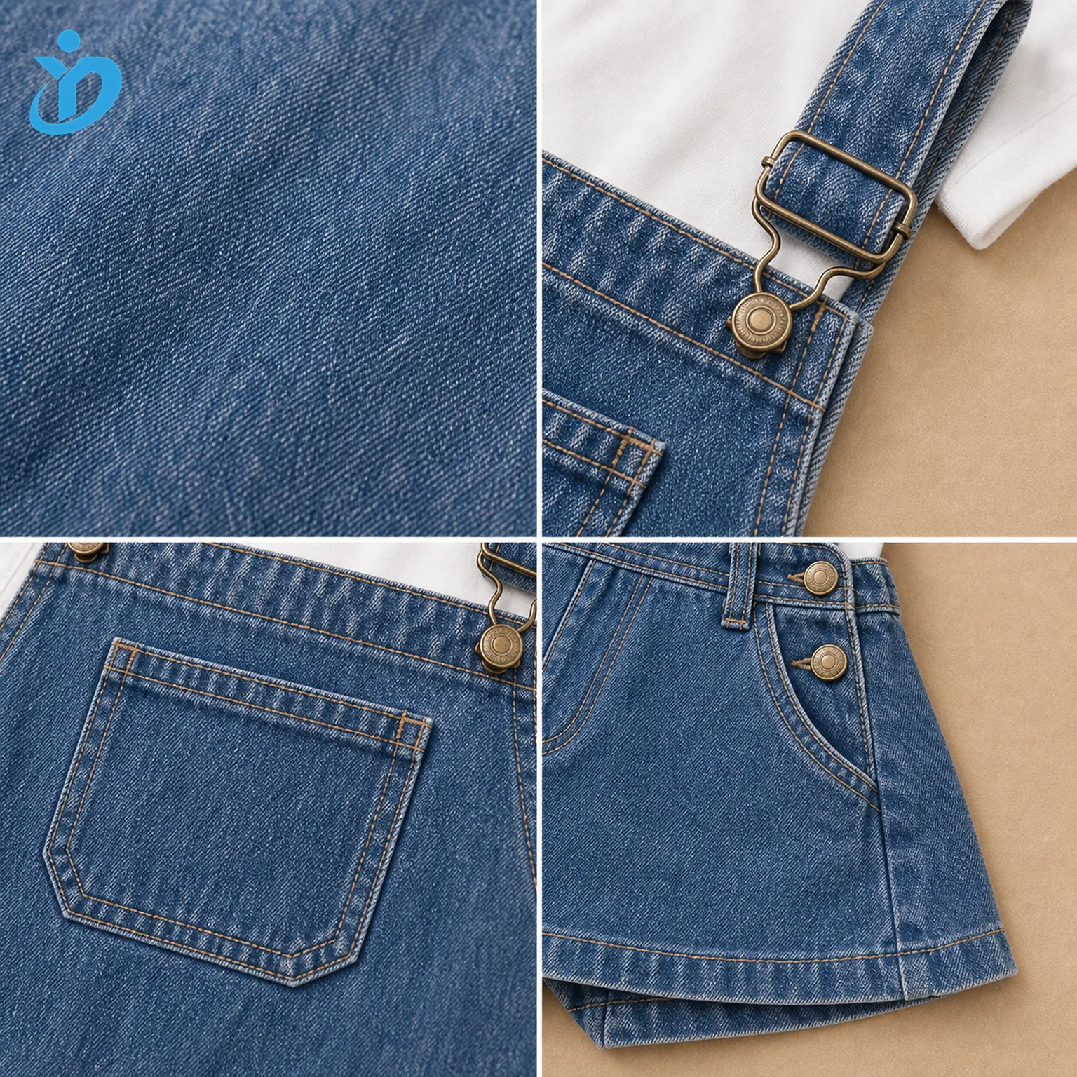 Detail grid for custom kids denim overall romper showing enzyme washed denim texture, adjustable metal buckle, metal buttons, bib pocket, back pocket, double topstitching and Dongguan Yidi Clothing Co Ltd transparent logo