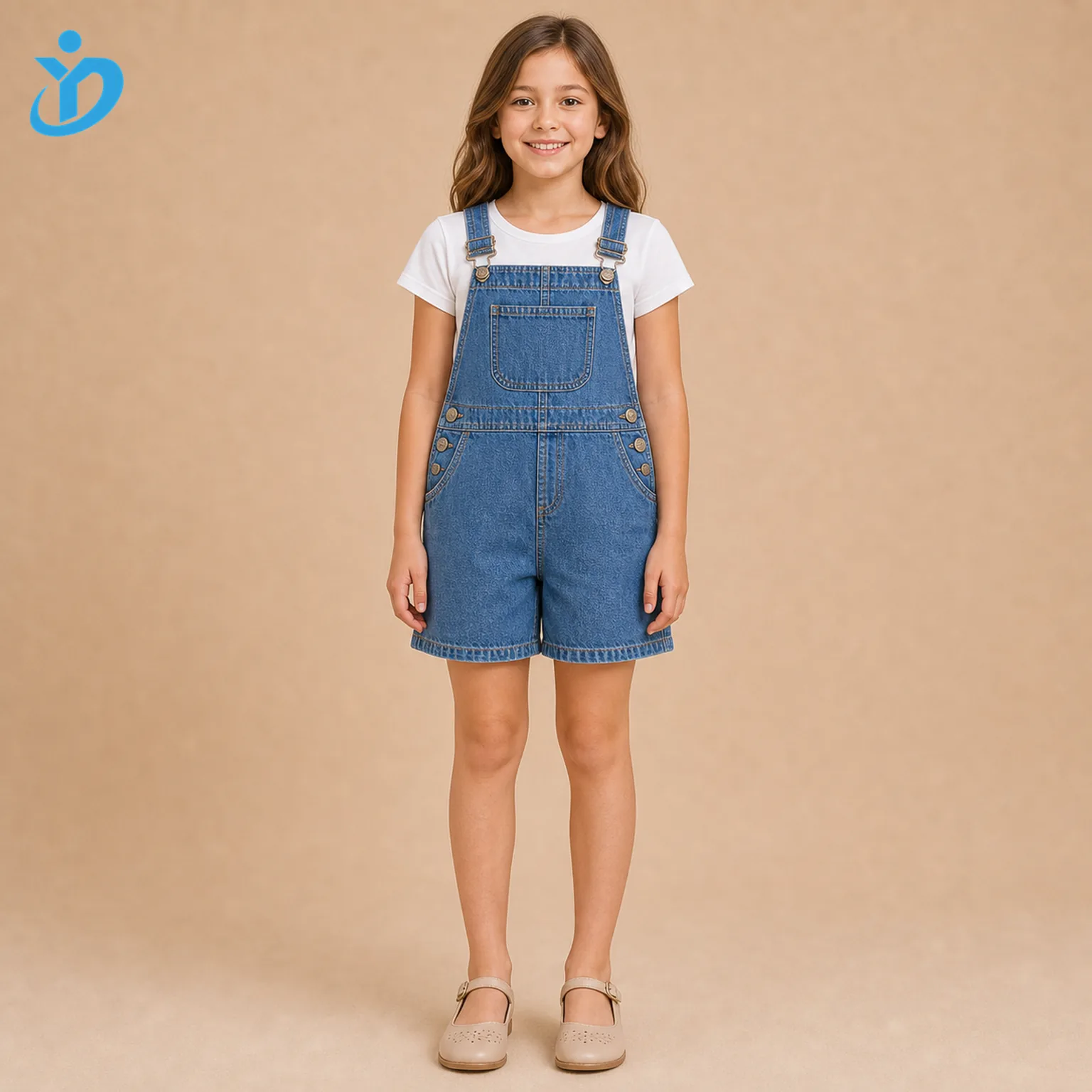 Full body front view of custom kids denim overall romper with washed denim, enzyme wash softness, metal buckles, metal buttons, double topstitching, white T-shirt styling and Dongguan Yidi Clothing Co Ltd transparent logo