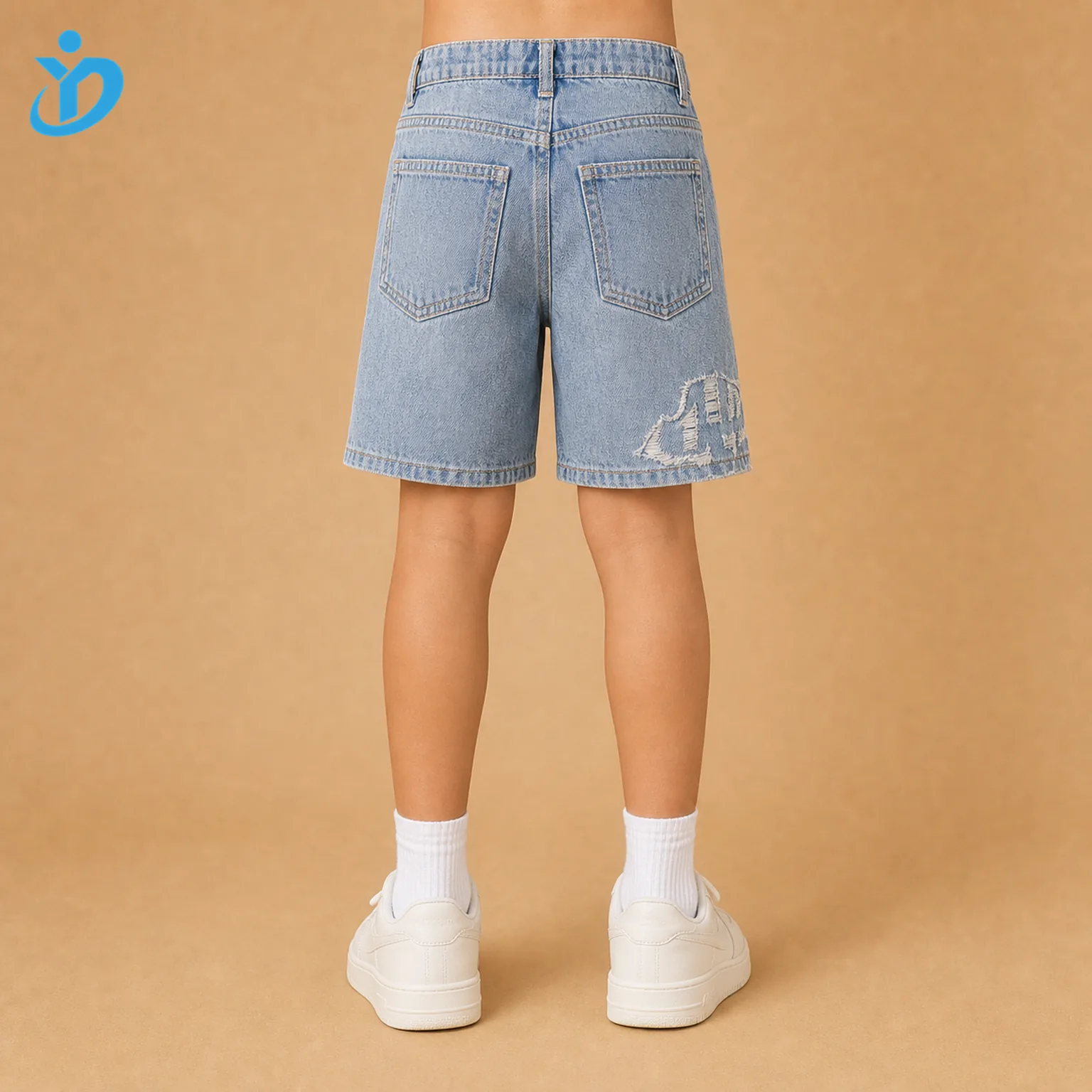 Lower body back view of custom kids denim shorts with stone wash denim, back pockets, printed patch detail and Dongguan Yidi Clothing Co Ltd transparent logo