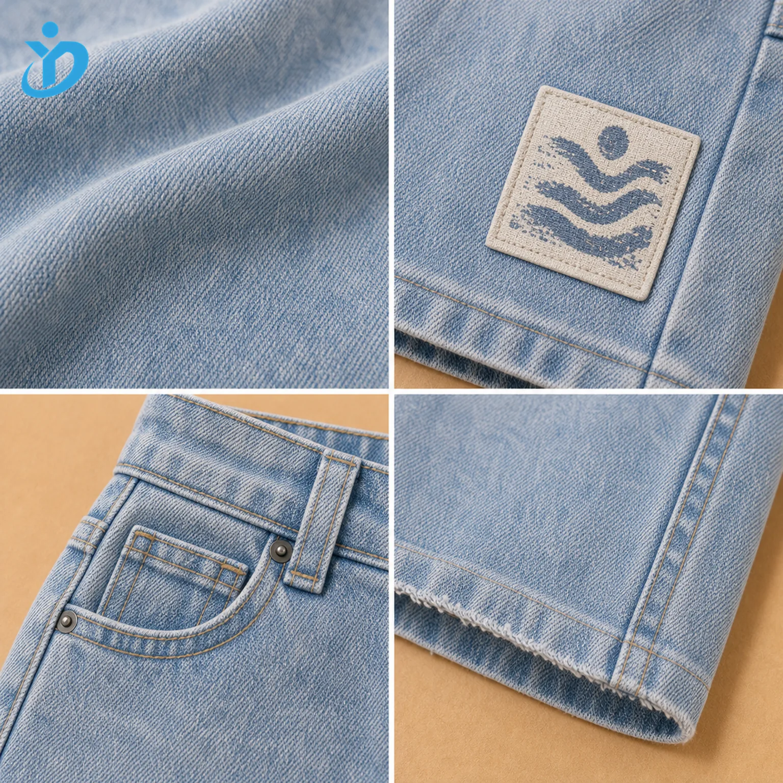 Detail grid for custom kids denim shorts showing stone wash denim texture, printed patch, pocket stitching, belt loop, raw hem and Dongguan Yidi Clothing Co Ltd transparent logo