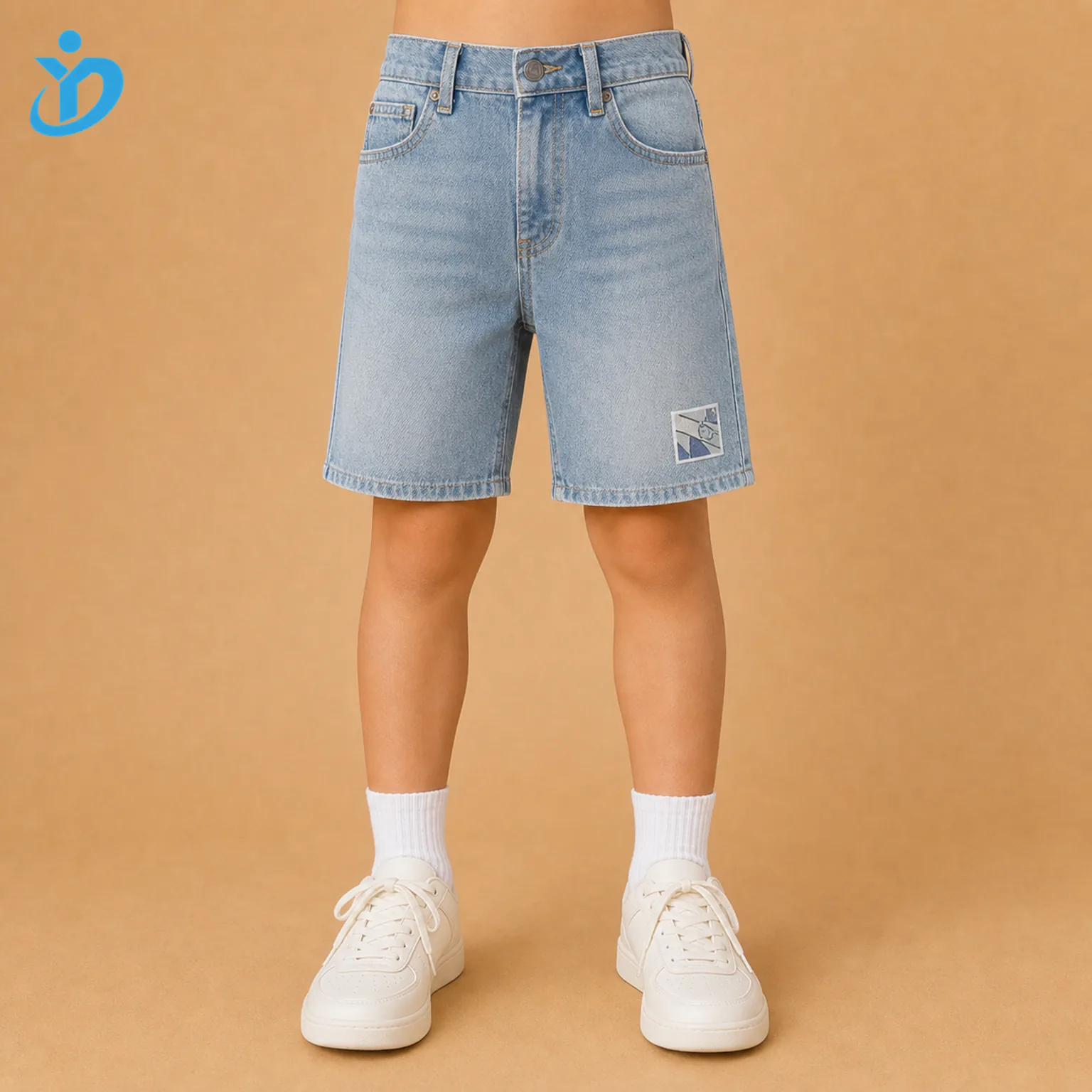 Lower body front view of custom kids denim shorts with stone wash light blue denim, relaxed unisex fit, printed patch, five pocket styling and Dongguan Yidi Clothing Co Ltd transparent logo