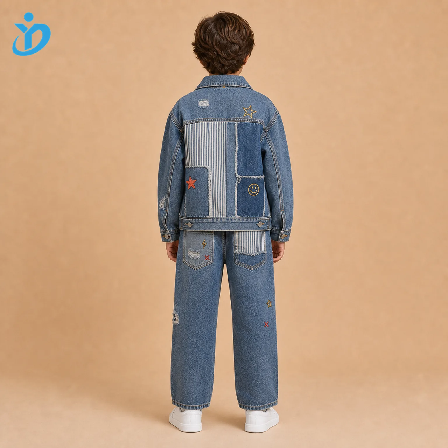 Custom kids distressed patchwork denim set back view with contrast stitching, embroidery patches