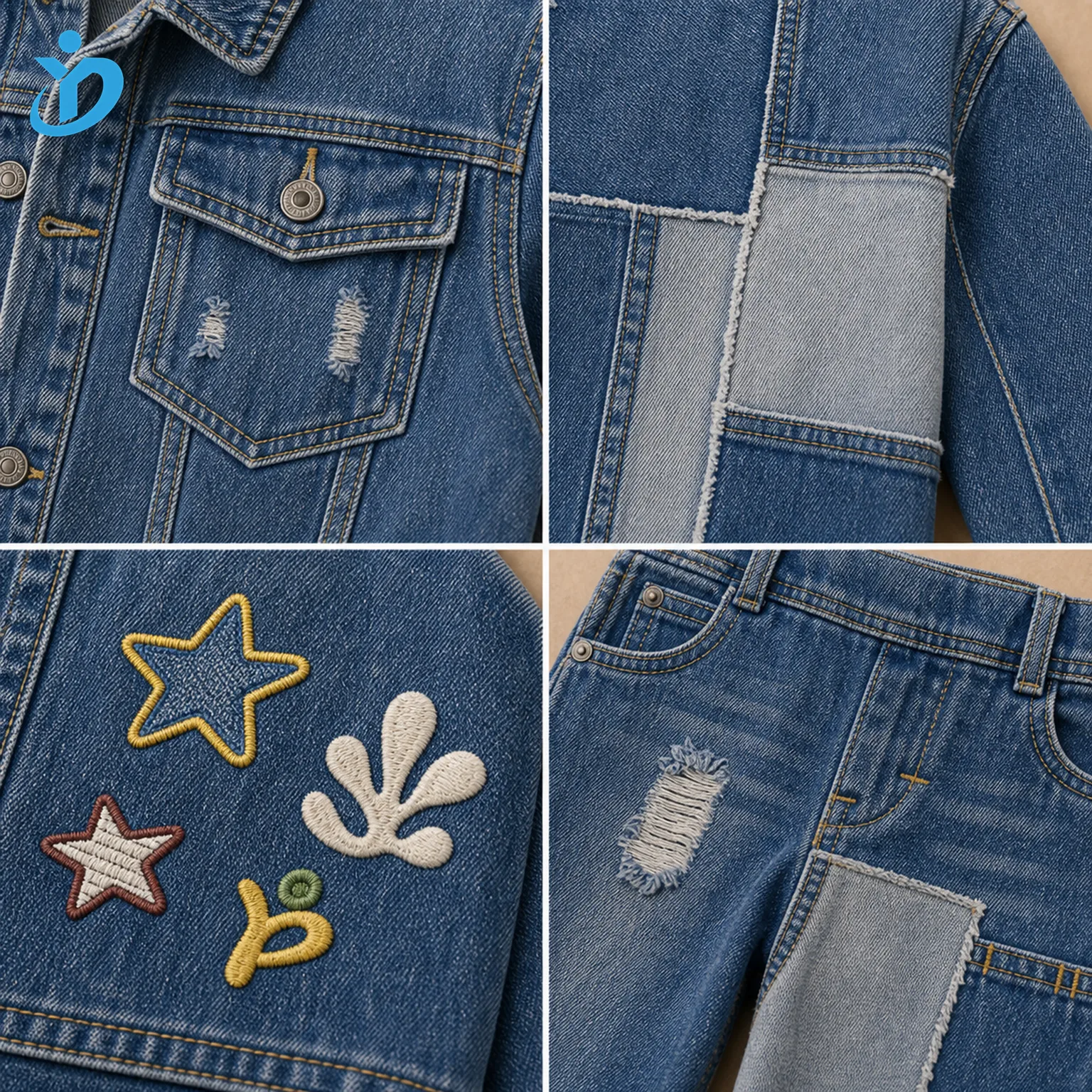 Detail grid for custom kids distressed patchwork denim set showing embroidery patches, raw edge repair details