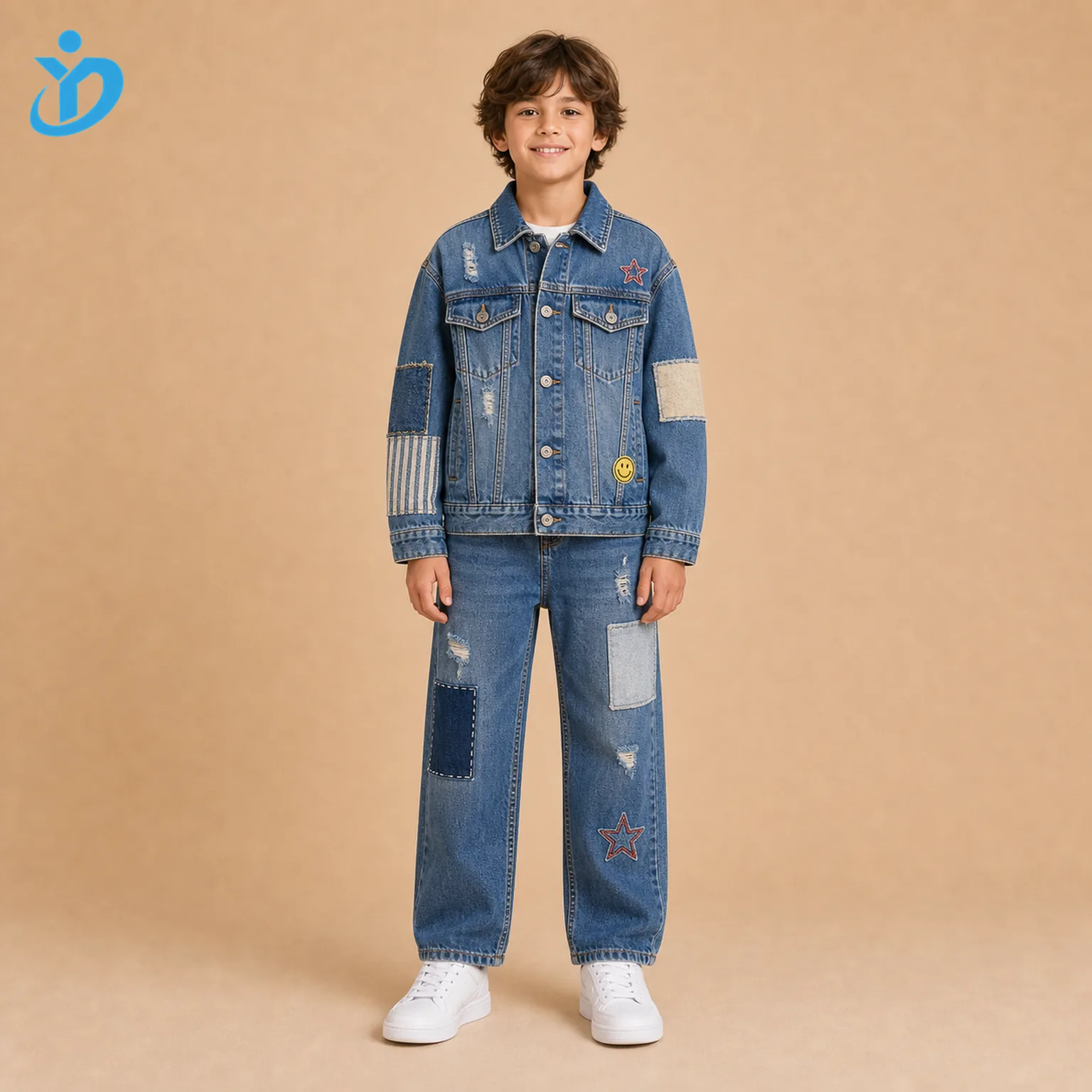 Custom kids distressed patchwork denim set front view with vintage wash, embroidery patches