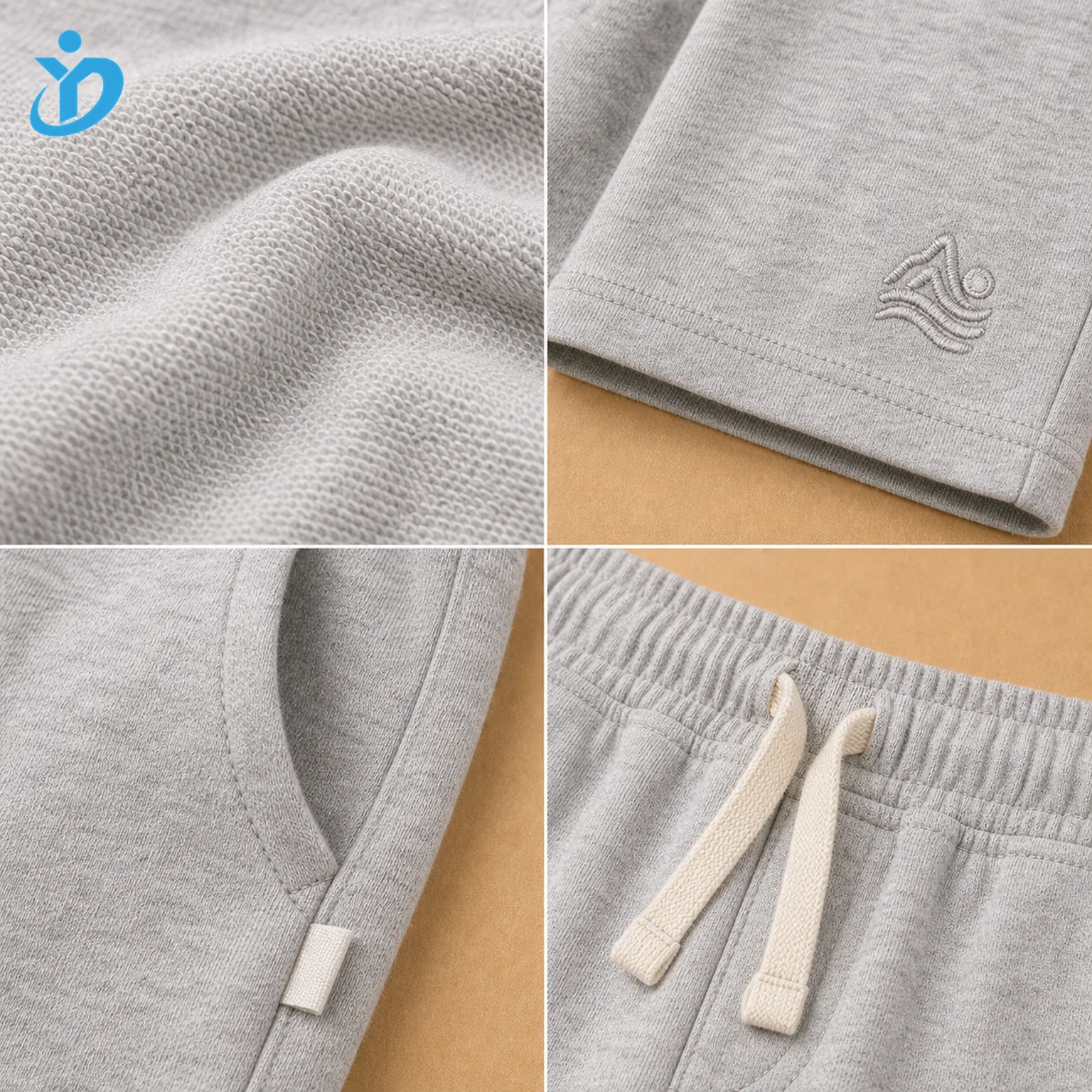 Detail grid for custom kids French terry shorts showing loopback French terry fabric, tonal embroidery, woven label tab, pocket seam, drawcord waistband and Dongguan Yidi Clothing Co Ltd transparent logo