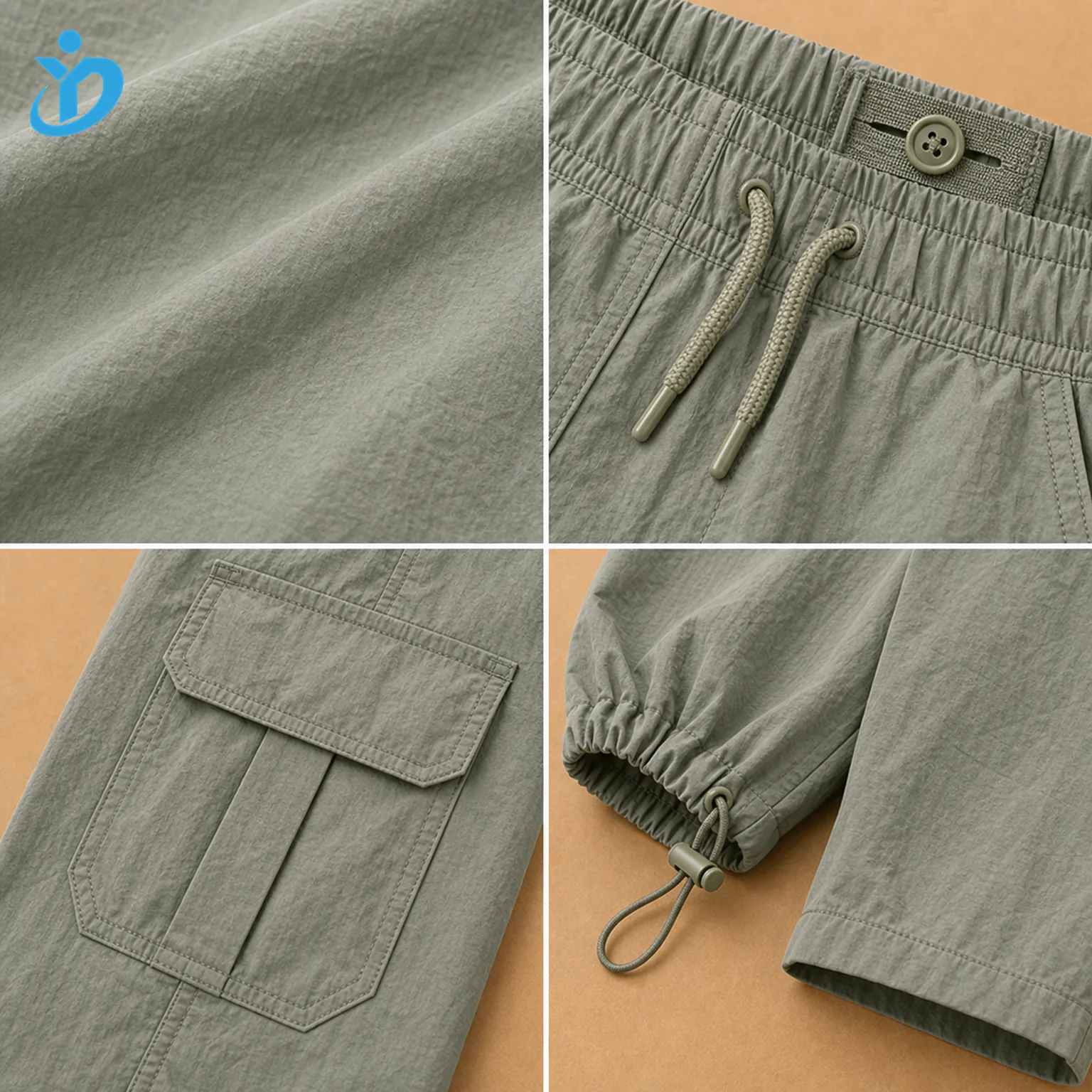 Detail grid for custom kids lightweight parachute cargo pants showing parachute nylon fabric, adjustable waist, cargo pocket, elastic cord hem stopper and Dongguan Yidi Clothing Co Ltd transparent logo