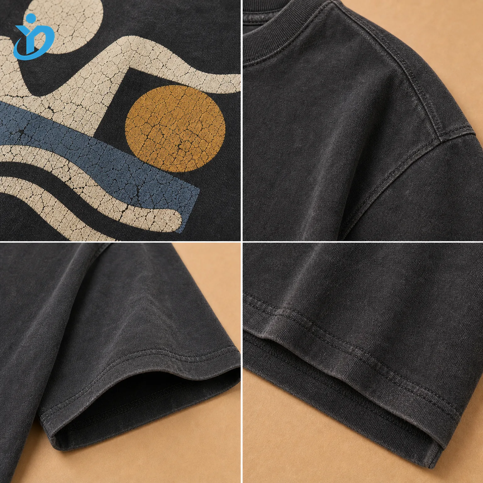 Detail grid for custom kids oversized graphic T shirt showing cracked print ink texture drop shoulder seam wide sleeve opening washed cotton jersey hem stitching and Dongguan Yidi Clothing Co Ltd transparent logo