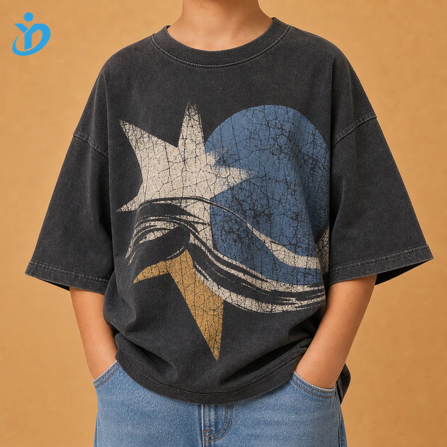 Upper body front view of custom kids oversized graphic T shirt with washed charcoal black cotton jersey drop shoulder oversized fit large abstract crack print unisex kids style and Dongguan Yidi Clothing Co Ltd transparent logo