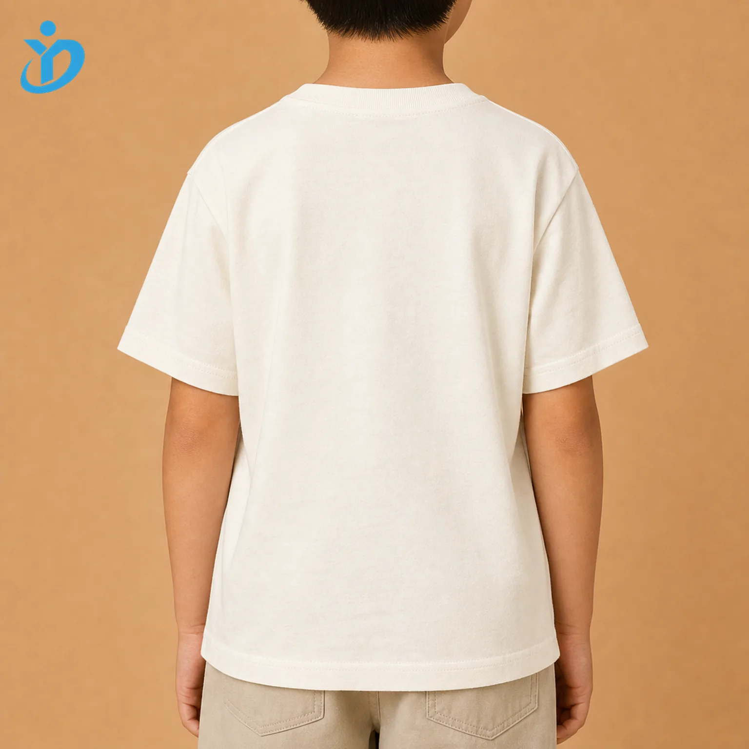 Upper body back view of custom kids pocket T shirt with clean ivory back panel relaxed unisex kids fit soft cotton jersey and Dongguan Yidi Clothing Co Ltd transparent logo