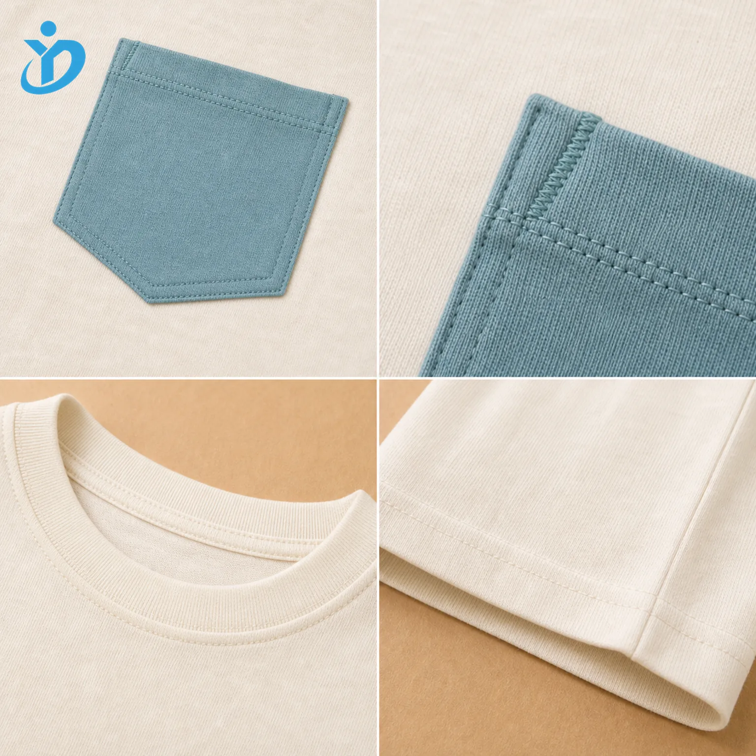 Detail grid for custom kids pocket T shirt showing muted aqua contrast patch pocket bartack reinforcement stitches crew neck rib soft cotton jersey hem stitching and Dongguan Yidi Clothing Co Ltd transparent logo