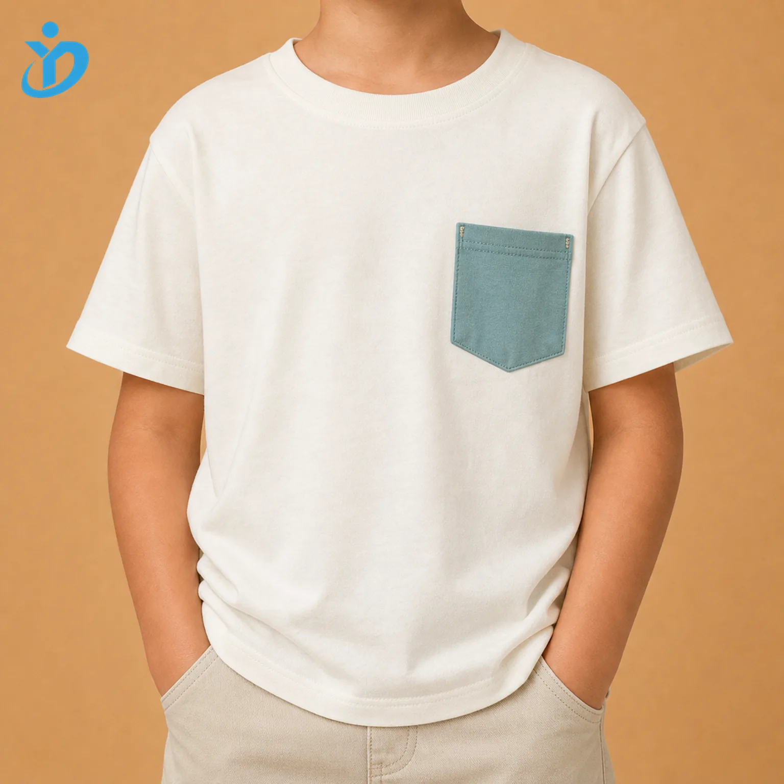 Upper body front view of custom kids pocket T shirt with ivory white cotton jersey muted aqua contrast left chest pocket bartack reinforcement simple versatile unisex kids style and Dongguan Yidi Clothing Co Ltd transparent logo