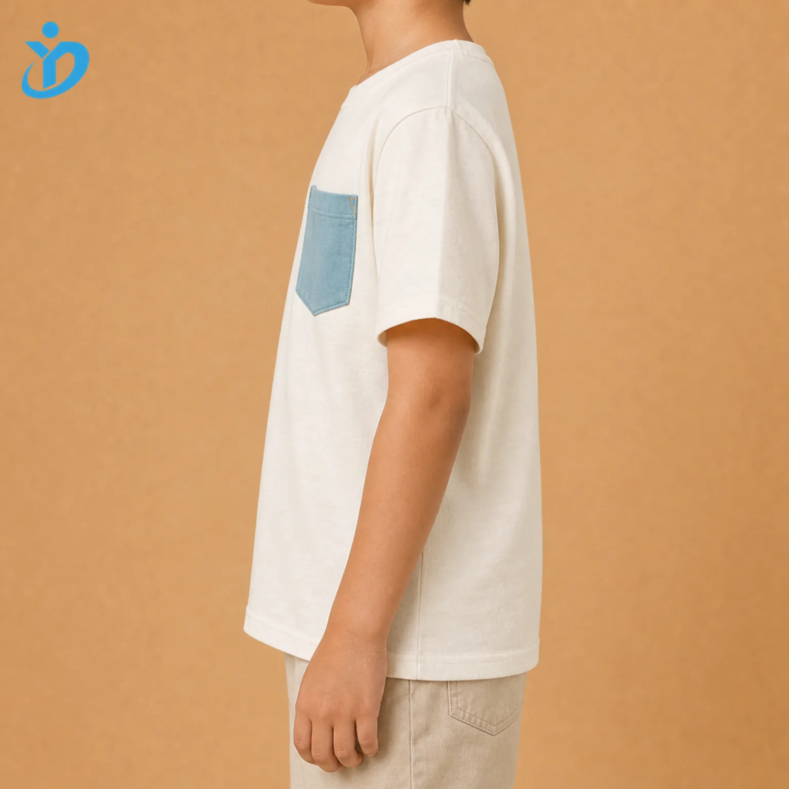 Upper body side view of custom kids pocket T shirt showing ivory white jersey muted aqua contrast pocket side seam sleeve hem bartack reinforcement and Dongguan Yidi Clothing Co Ltd transparent logo