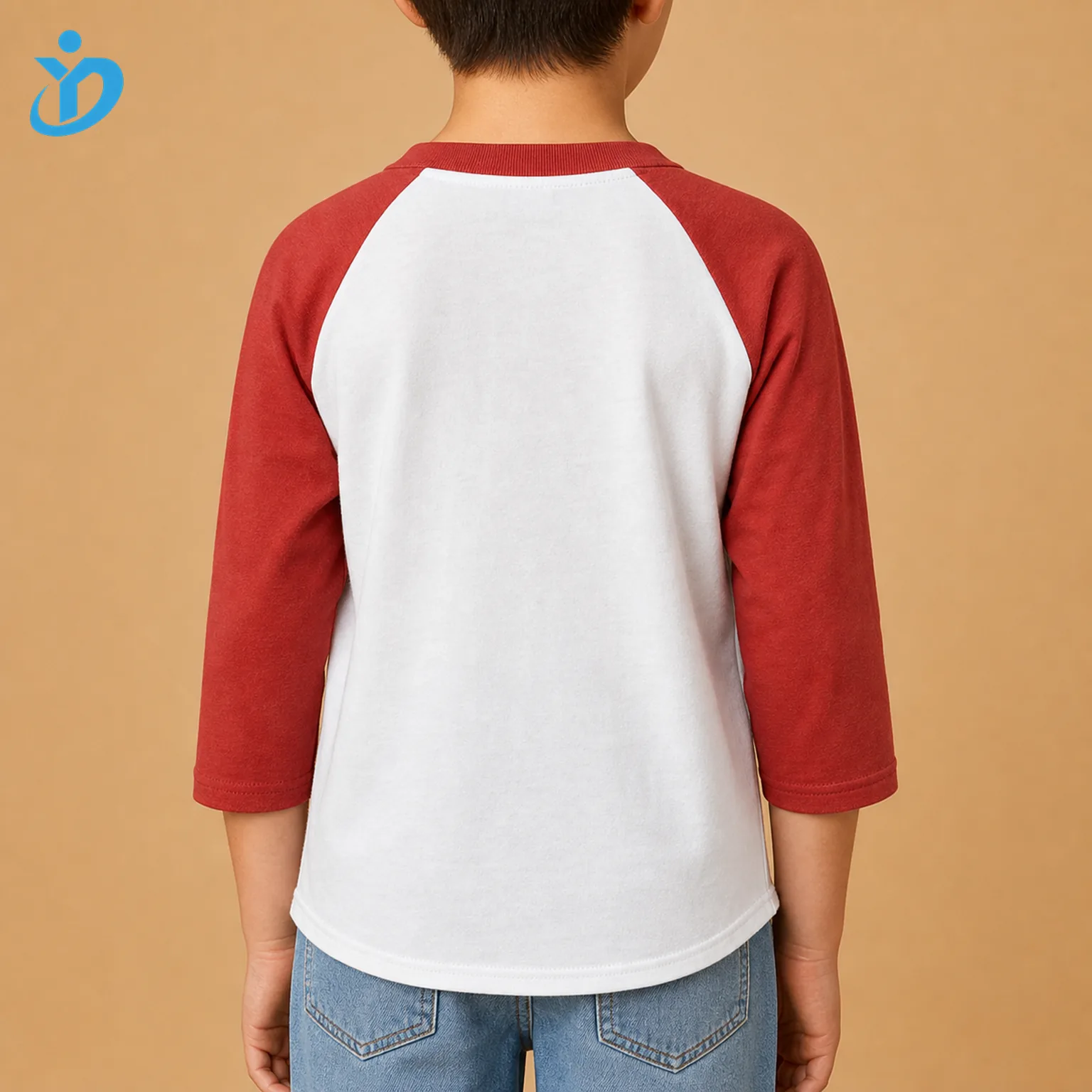 Upper body back view of custom kids raglan baseball T shirt with white back panel red contrast raglan sleeves crew neck rib relaxed unisex kids fit and Dongguan Yidi Clothing Co Ltd transparent logo