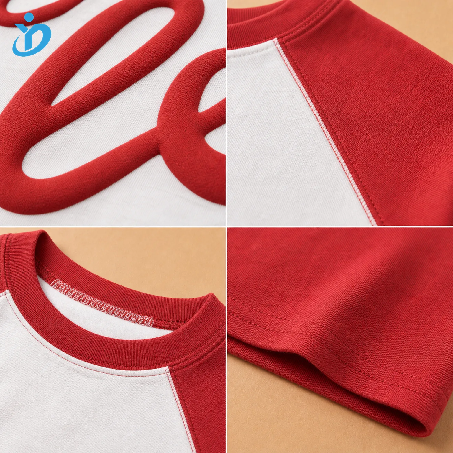 Detail grid for custom kids raglan baseball T shirt showing raised puff print texture red contrast raglan sleeve seam crew neck rib hem stitching soft cotton jersey and Dongguan Yidi Clothing Co Ltd transparent logo