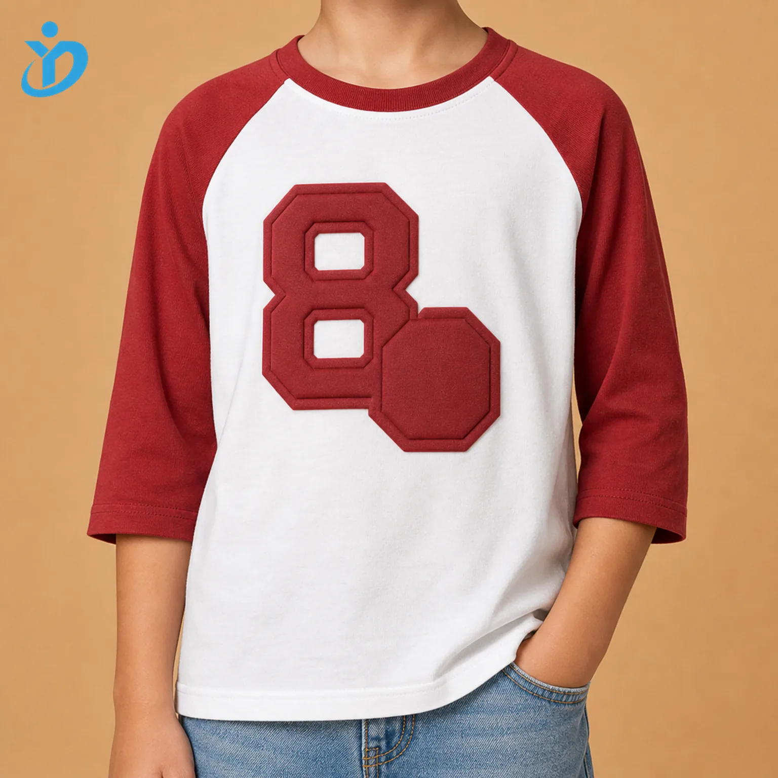 Upper body front view of custom kids raglan baseball T shirt with white body vintage red contrast raglan sleeves raised puff print American school team casual style and Dongguan Yidi Clothing Co Ltd transparent logo