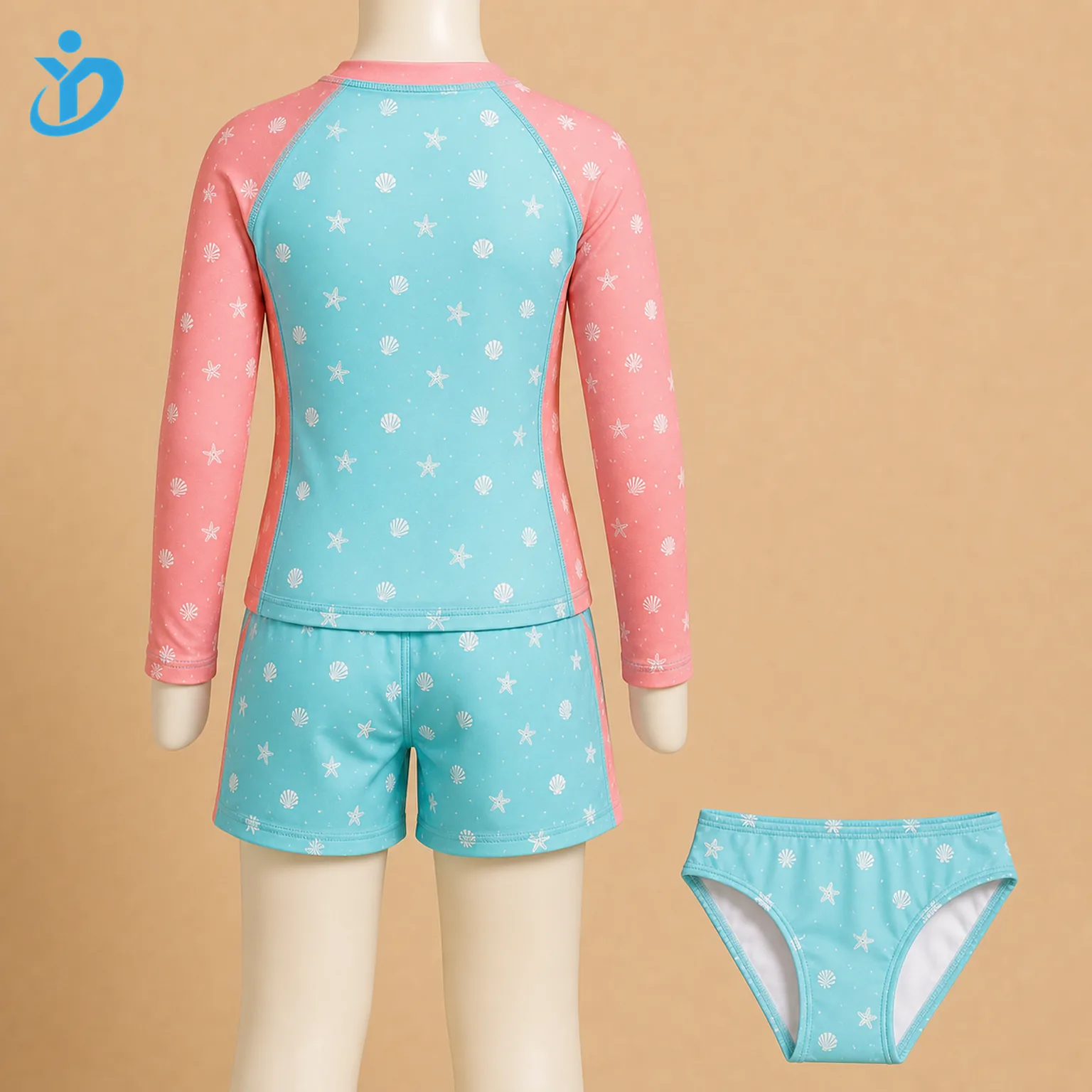 Custom kids rash guard swim set back view with coral raglan sleeves, printed shorts, bikini bottom and Dongguan Yidi Clothing Co Ltd transparent logo