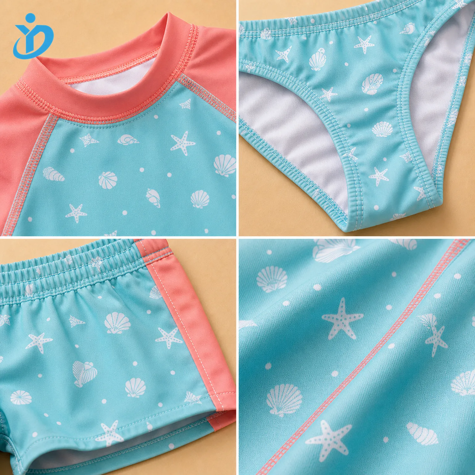 Detail grid for custom kids rash guard swim set showing long sleeve rash guard, bikini bottom, shorts, swim fabric and Dongguan Yidi Clothing Co Ltd transparent logo