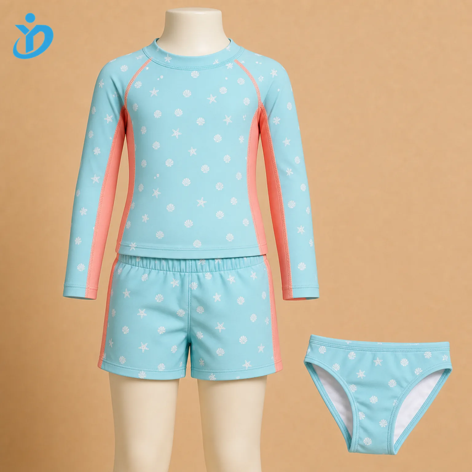 Custom kids rash guard swim set front view with long sleeve top, shorts, bikini bottom and Dongguan Yidi Clothing Co Ltd transparent logo