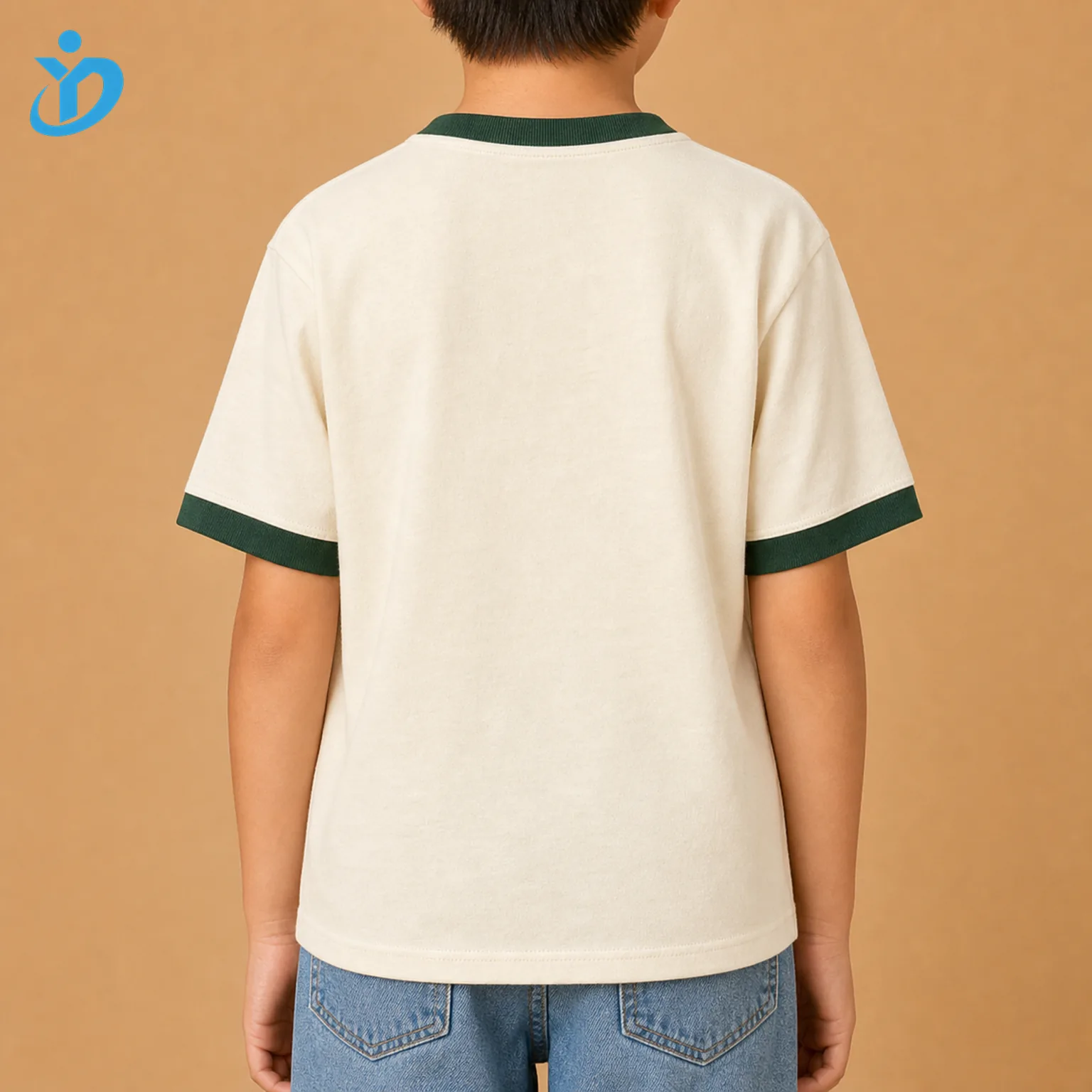 Upper body back view of custom kids ringer T shirt with cream back panel forest green contrast collar and sleeve cuffs vintage retro unisex kids fit and Dongguan Yidi Clothing Co Ltd transparent logo