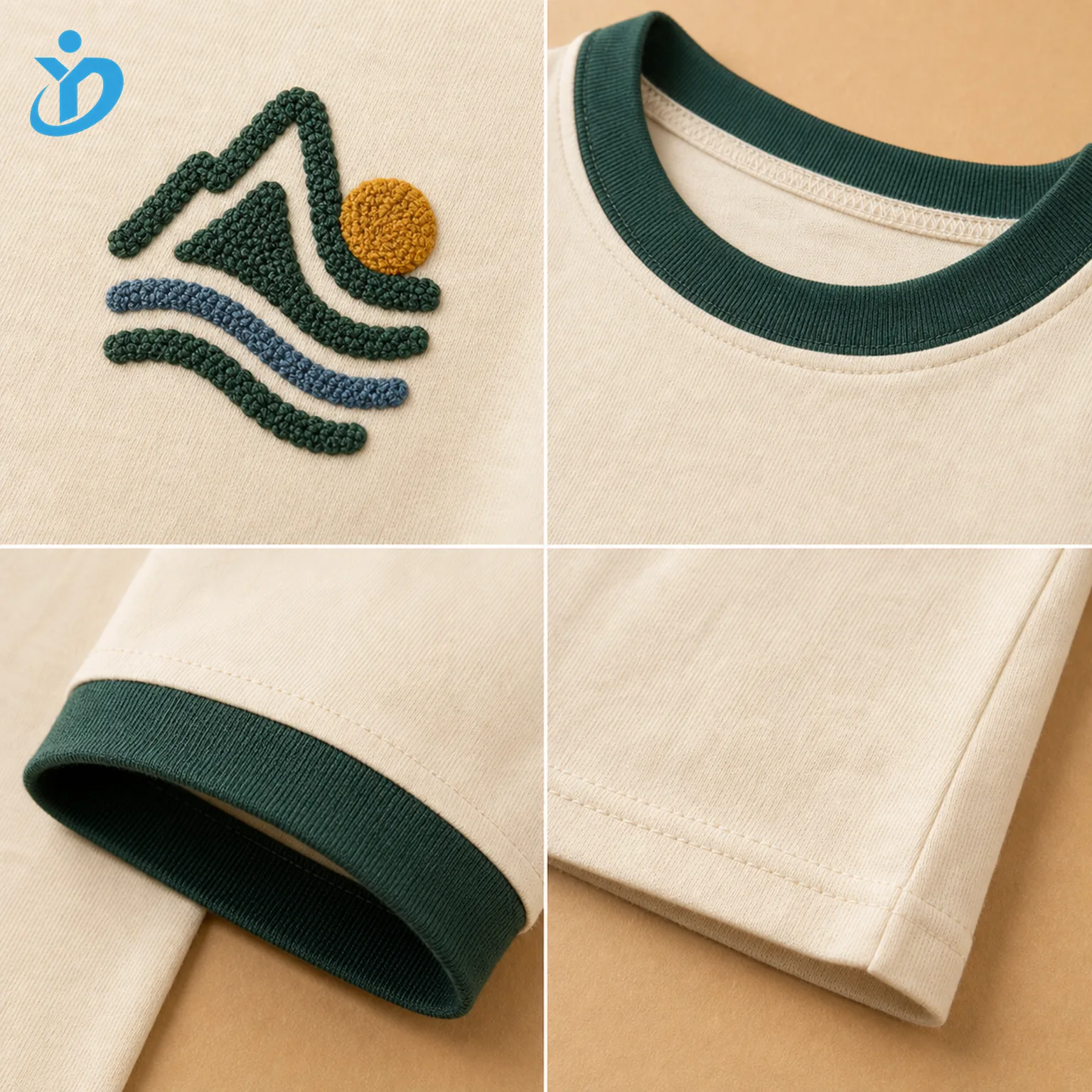 Detail grid for custom kids ringer T shirt showing chain stitch embroidery forest green contrast collar contrast sleeve cuff soft cream cotton jersey hem stitching and Dongguan Yidi Clothing Co Ltd transparent logo