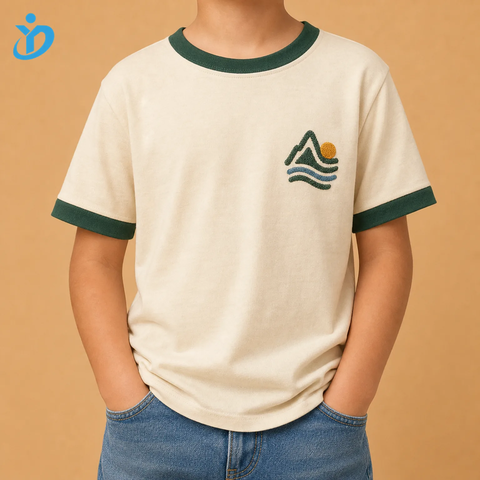 Upper body front view of custom kids ringer T shirt with vintage cream body forest green contrast collar contrast sleeve cuffs chain stitch embroidery retro unisex kids fit and Dongguan Yidi Clothing Co Ltd transparent logo