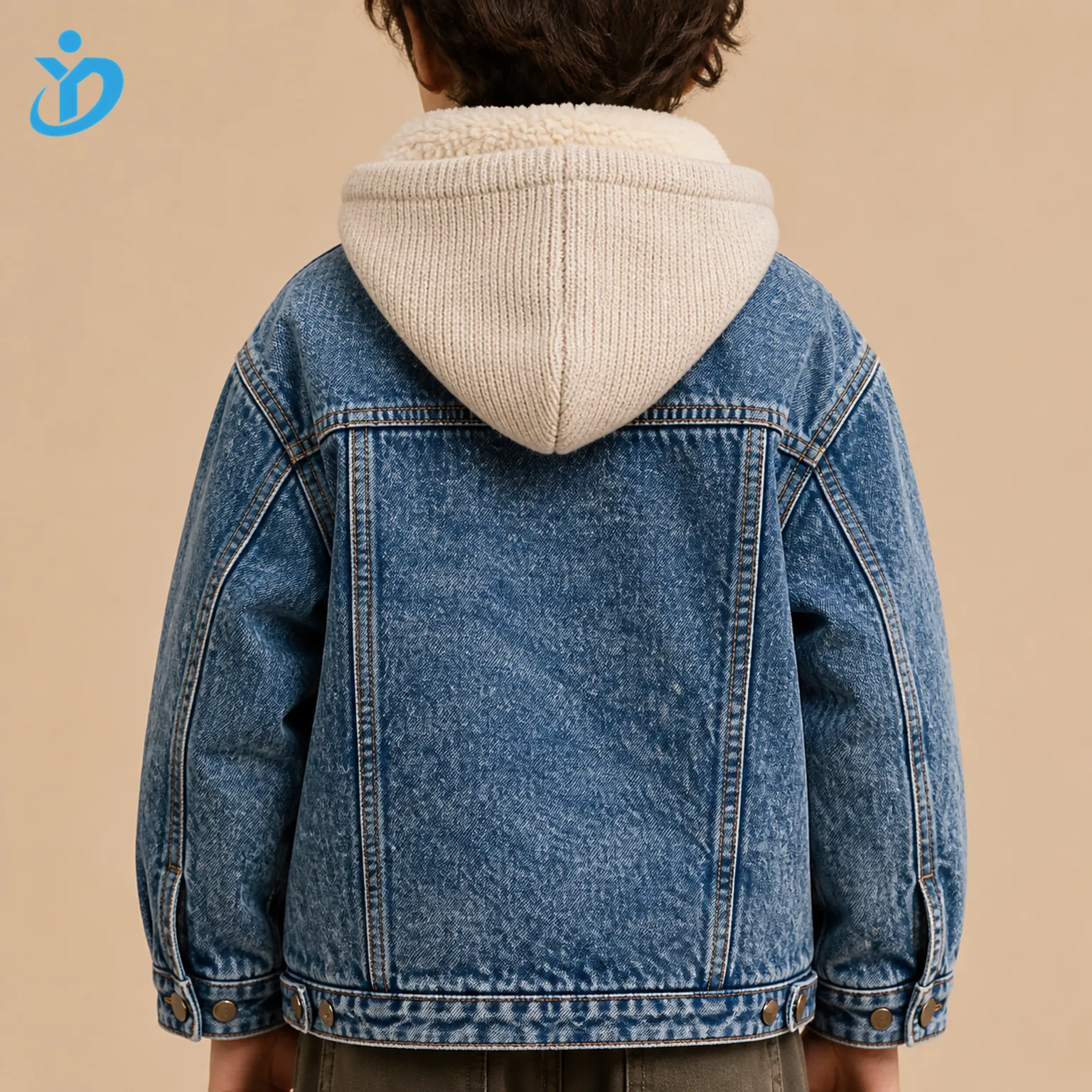 Upper body back view of custom kids sherpa-lined denim jacket with detachable knit hood, water wash blue snowflake denim, back yoke seam, contrast stitching, relaxed fit and Dongguan Yidi Clothing Co Ltd transparent logo