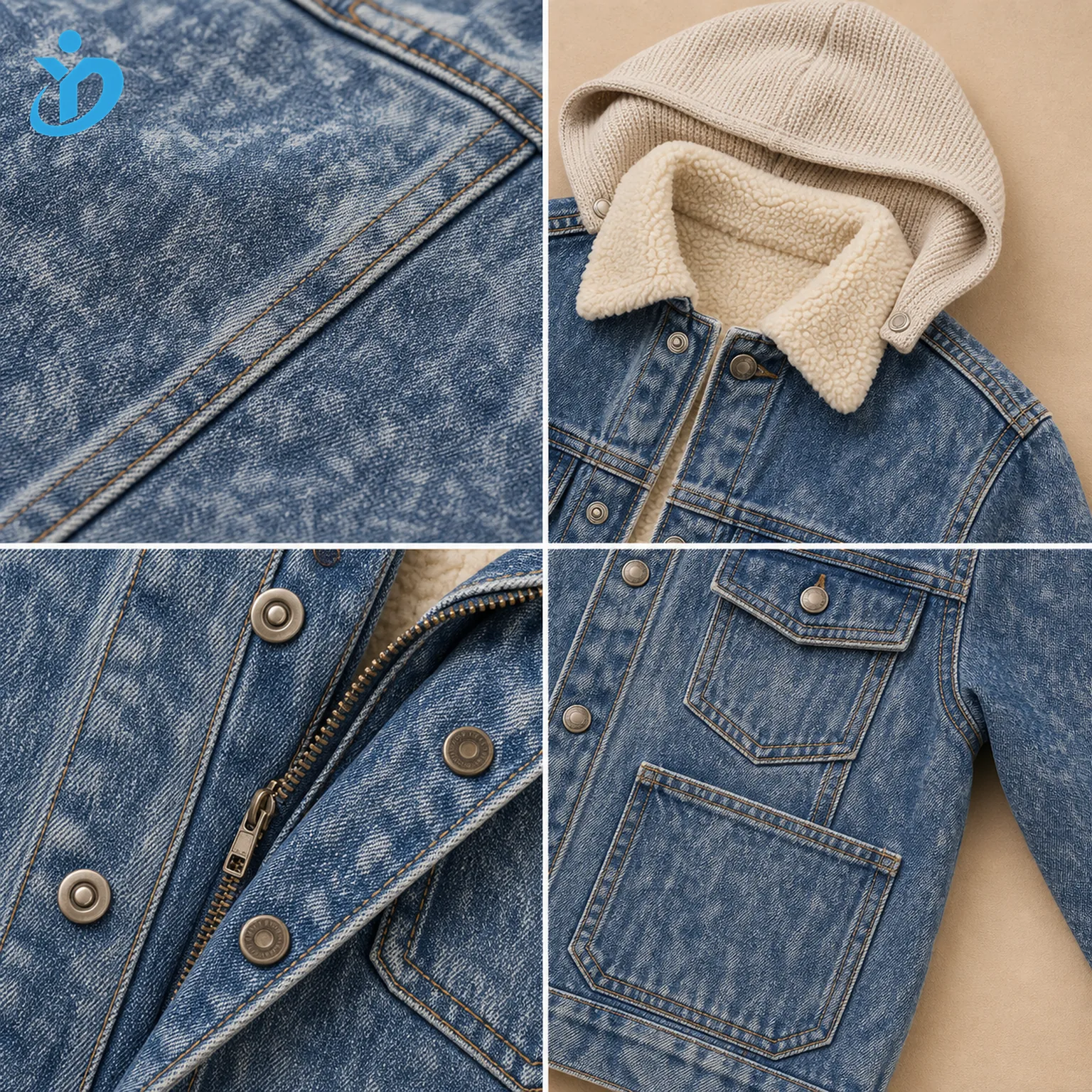 Detail grid for custom kids sherpa-lined denim jackets showing snowflake wash denim, contrast stitching, sherpa collar, detachable knitted hood, metal snaps, zipper, chest pocket, utility patch pocket and Dongguan Yidi Clothing Co Ltd transparent logo