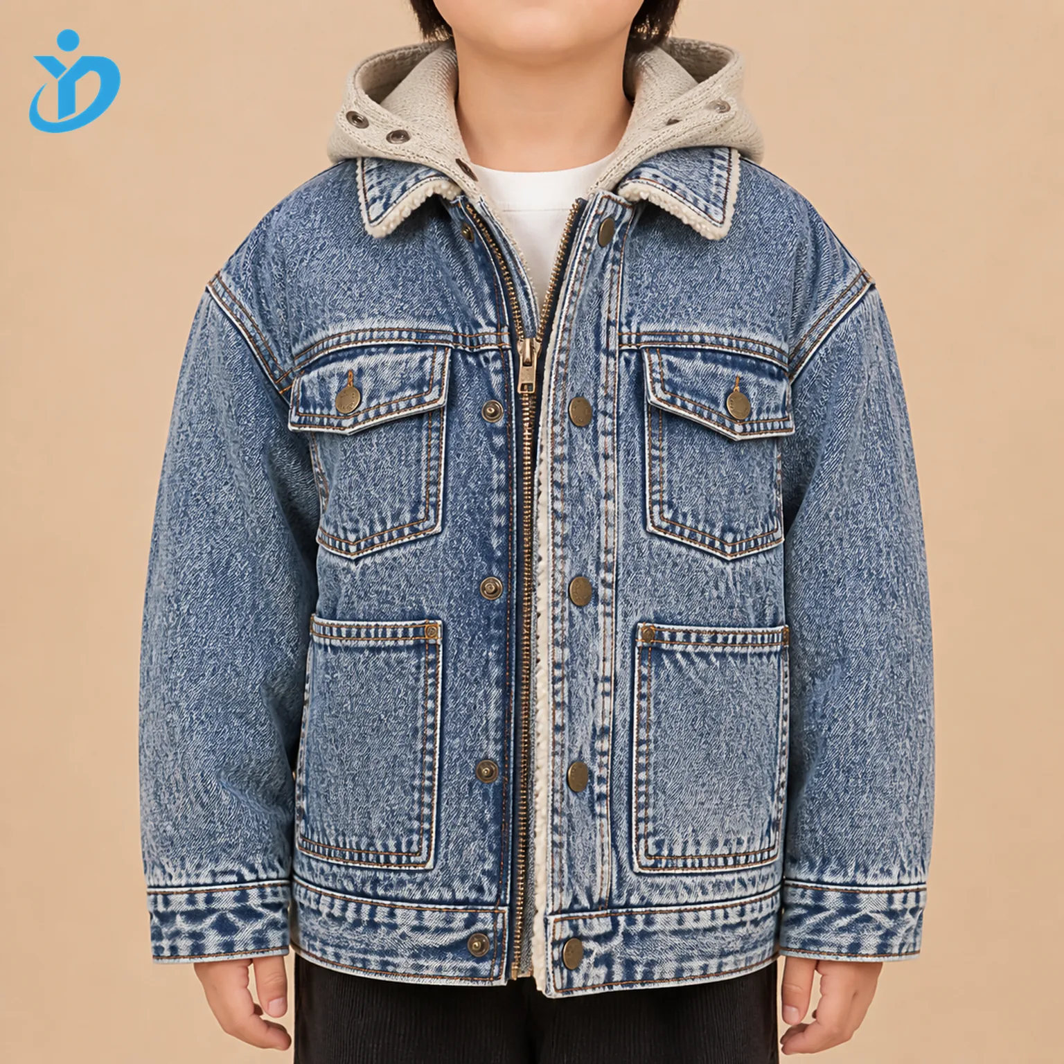 Upper body front view of custom kids sherpa-lined denim jacket in water wash blue snowflake denim with detachable knit hood, sherpa collar, metal snaps, zipper, chest pockets, utility patch pockets, contrast stitching and Dongguan Yidi Clothing Co Ltd transparent logo