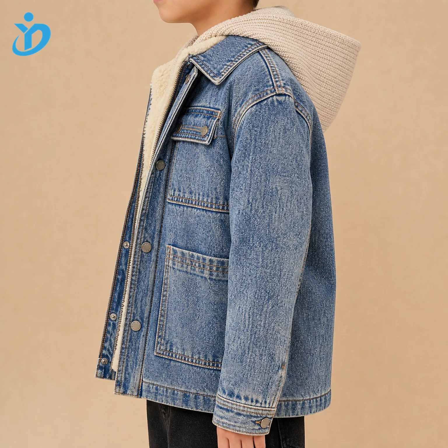 Upper body side view of custom kids sherpa-lined denim jacket showing water wash blue snowflake denim, detachable knit hood, sherpa lining, utility patch pocket, metal snap placket, zipper and Dongguan Yidi Clothing Co Ltd transparent logo