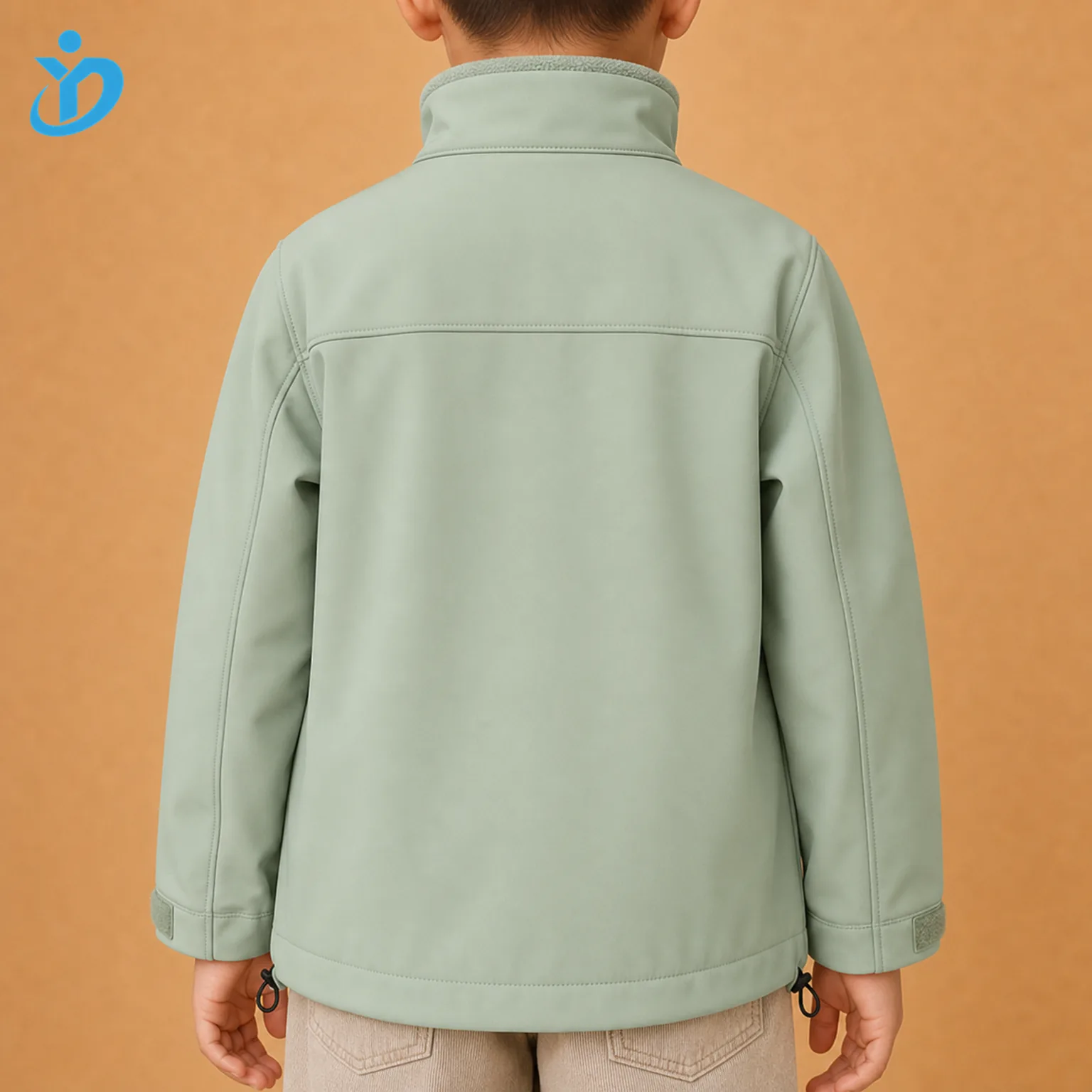Upper body back view of custom kids softshell jacket in mint green with clean panel seams, high collar, Velcro cuffs, adjustable hem and Dongguan Yidi Clothing Co Ltd transparent logo