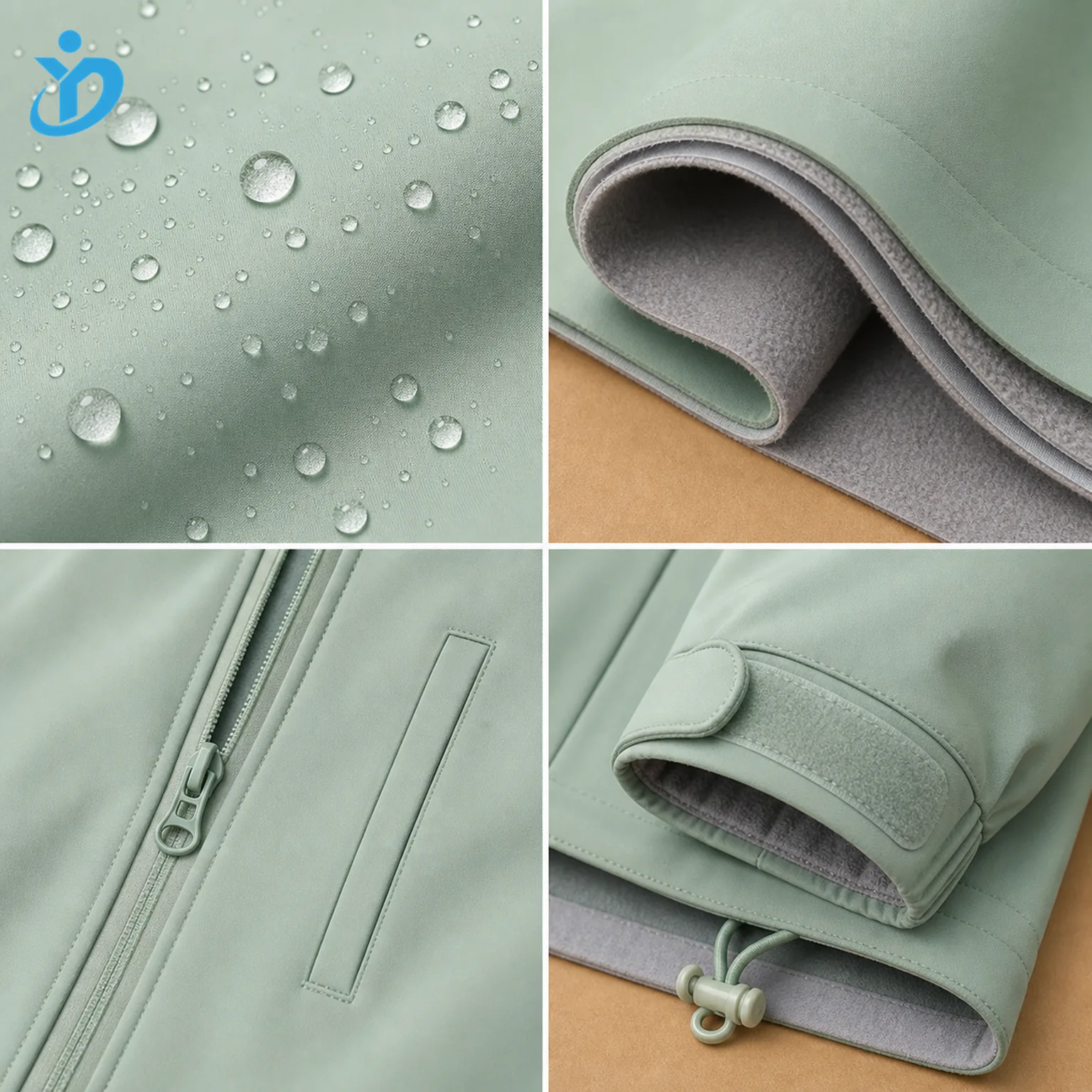 Detail grid for custom kids softshell jackets showing mint water repellent fabric, three-layer bonded composite, ultra-fine micro fleece lining, waterproof zipper, bonded pocket, Velcro cuff, hem drawcord and Dongguan Yidi Clothing Co Ltd transparent logo