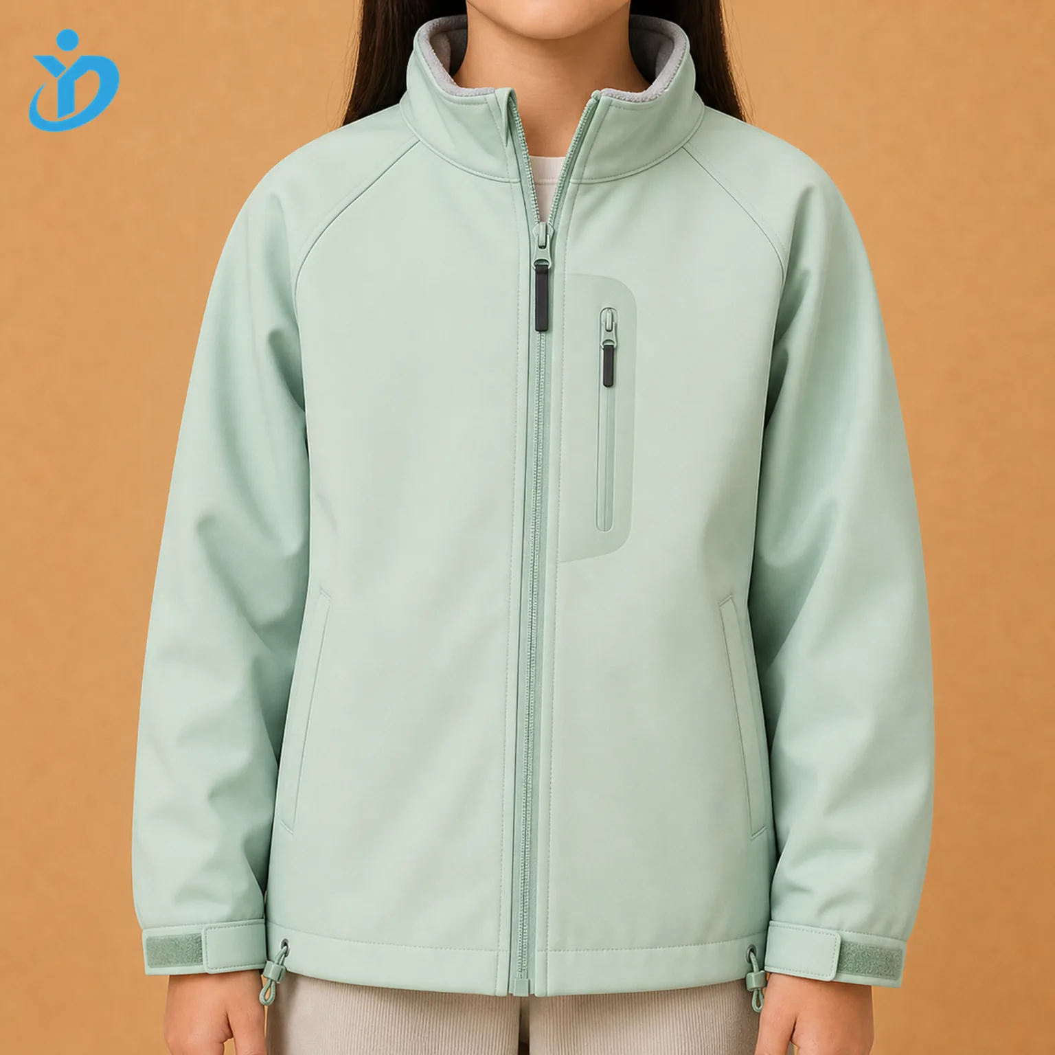 Upper body front view of custom kids softshell jacket in mint green with three-layer bonded fabric, micro fleece lining, waterproof zipper, bonded pocket, Velcro cuffs, hem drawcord and Dongguan Yidi Clothing Co Ltd transparent logo