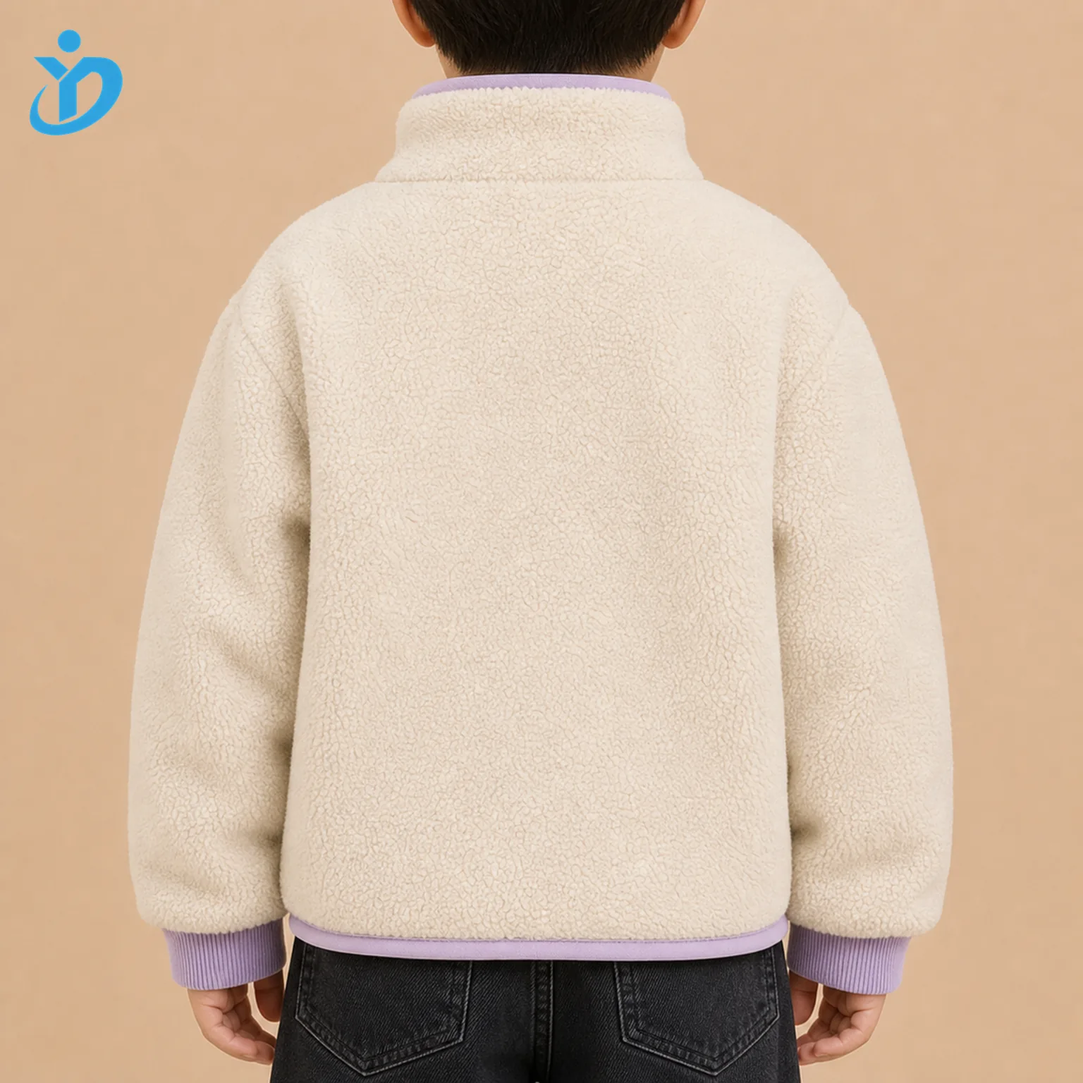 Upper body back view of custom kids teddy fleece jacket with cream plush fleece, lavender binding, ribbed cuffs, relaxed kids fit and Dongguan Yidi Clothing Co Ltd transparent logo
