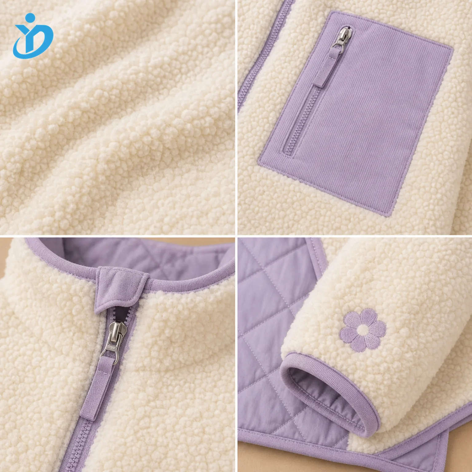 Detail grid for custom kids teddy fleece jackets showing anti-pilling teddy fleece, lavender nylon or corduroy chest pocket, zipper chin guard, elastic binding, ribbed cuff, flower embroidery, quilted lining and Dongguan Yidi Clothing Co Ltd transparent logo