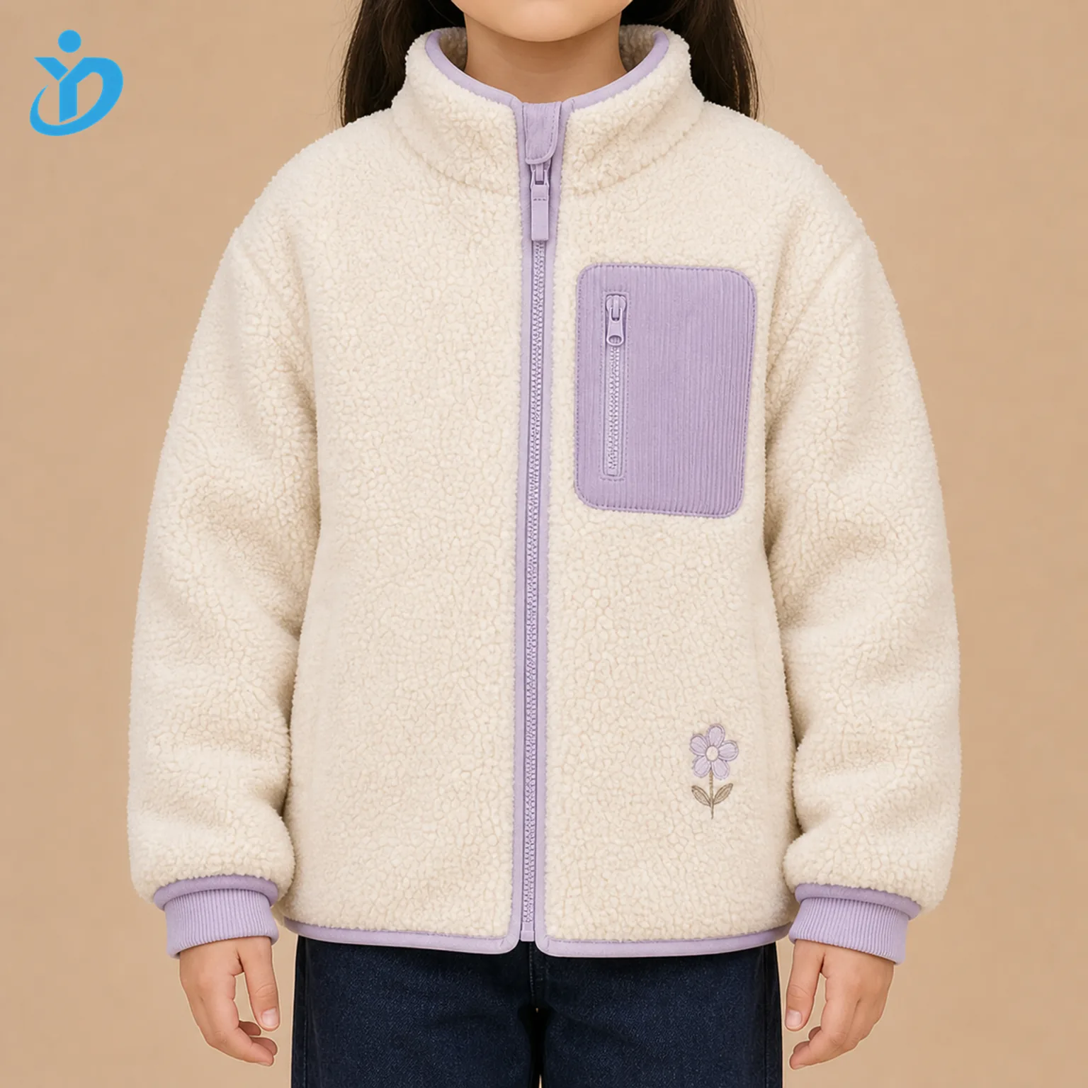 Upper body front view of custom kids teddy fleece jacket in cream white with anti-pilling plush fabric, lavender contrast chest pocket, zipper chin guard, elastic binding, ribbed cuffs, flower embroidery and Dongguan Yidi Clothing Co Ltd transparent logo