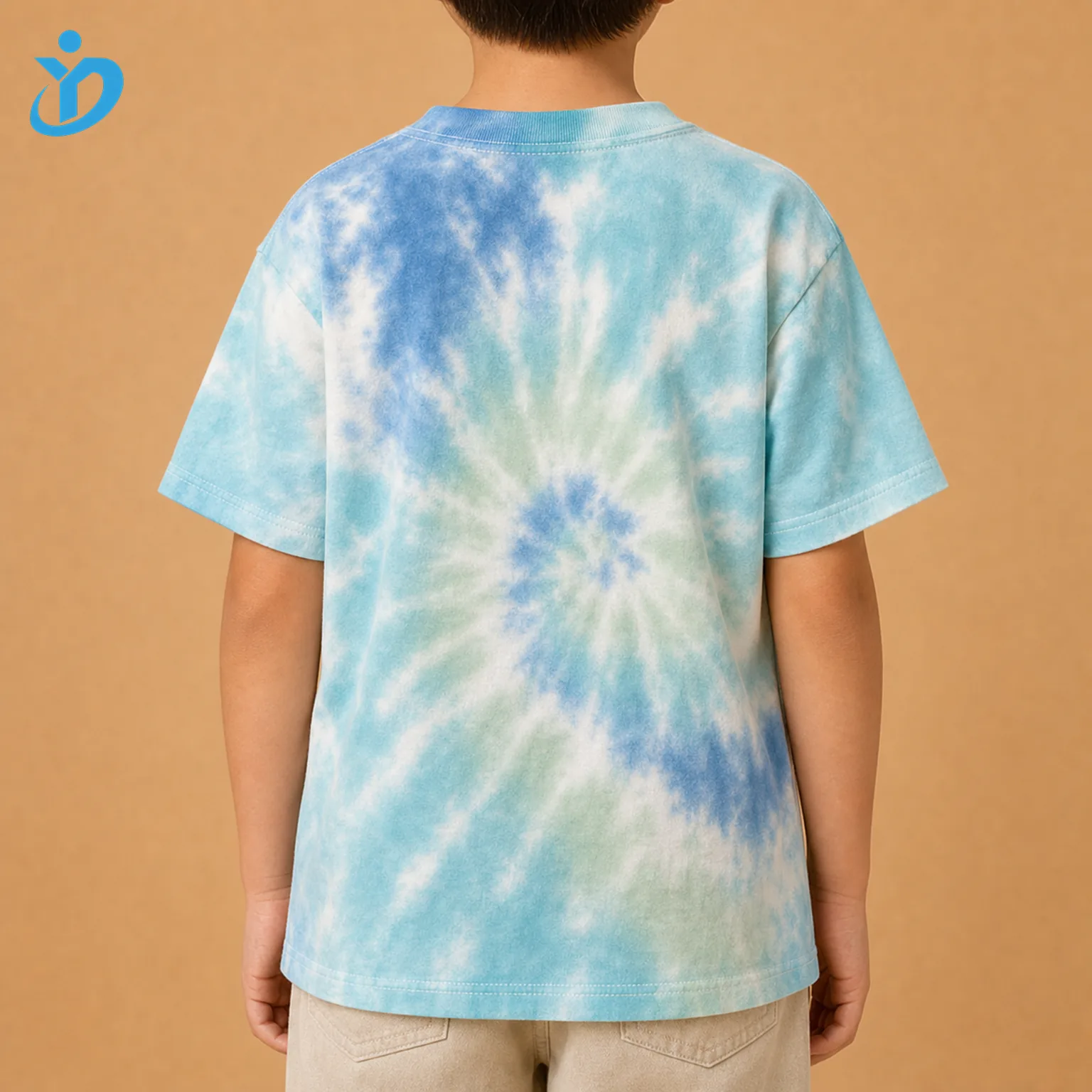 Upper body back view of custom kids tie dye T shirt with blue aqua mint white tie dye pattern relaxed unisex kids fit soft cotton jersey and Dongguan Yidi Clothing Co Ltd transparent logo