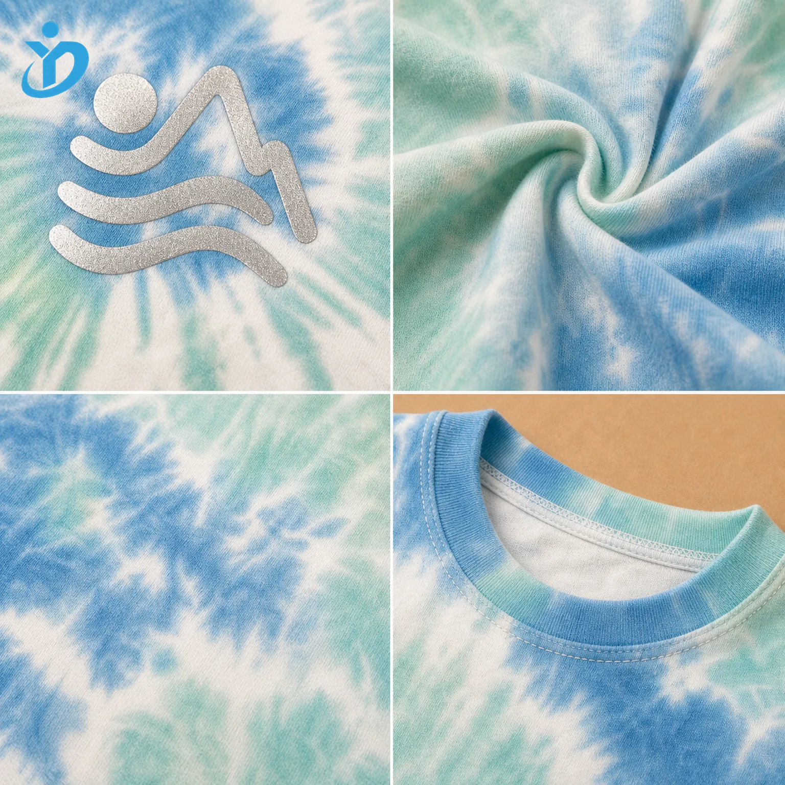 Detail grid for custom kids tie dye T shirt showing reflective print silver ink tie dye fabric variation crew neck rib soft cotton jersey and Dongguan Yidi Clothing Co Ltd transparent logo