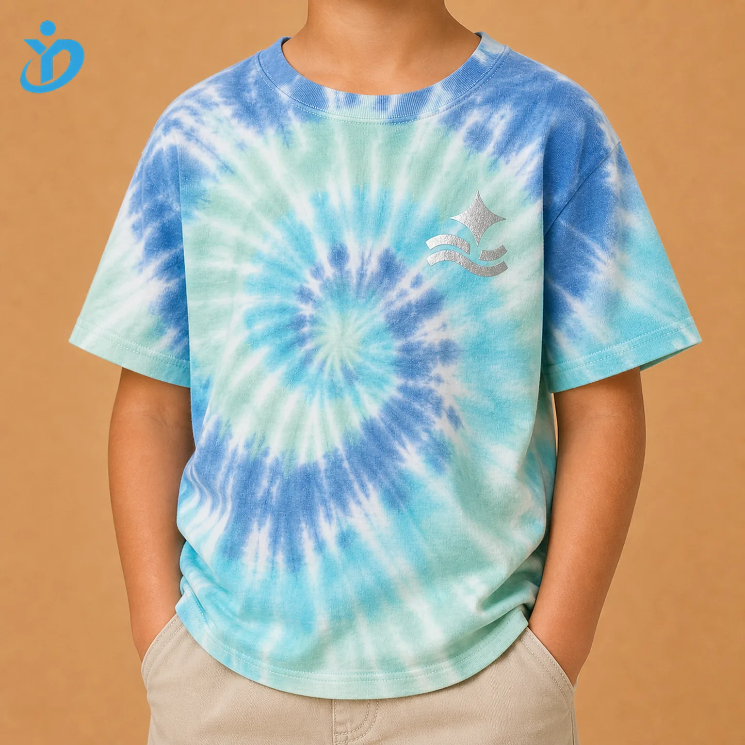 Upper body front view of custom kids tie dye T shirt with blue aqua mint white tie dye effect reflective print relaxed unisex kids fit and Dongguan Yidi Clothing Co Ltd transparent logo