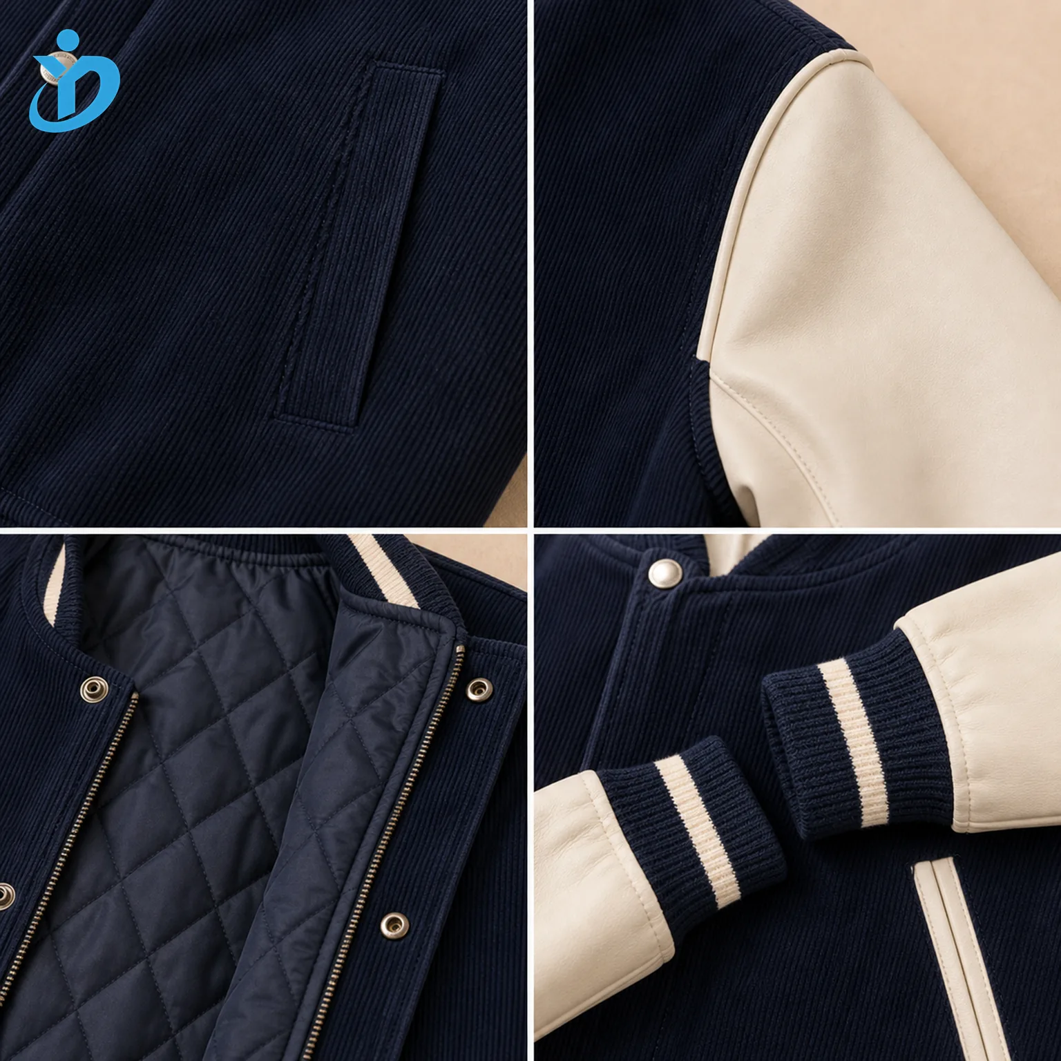 Detail grid for custom kids varsity bomber jackets showing navy corduroy-look body, cream PU-look sleeve, thin cotton quilted lining, metal snaps, zipper edge, ribbed collar cuff hem and Dongguan Yidi Clothing Co Ltd transparent logo