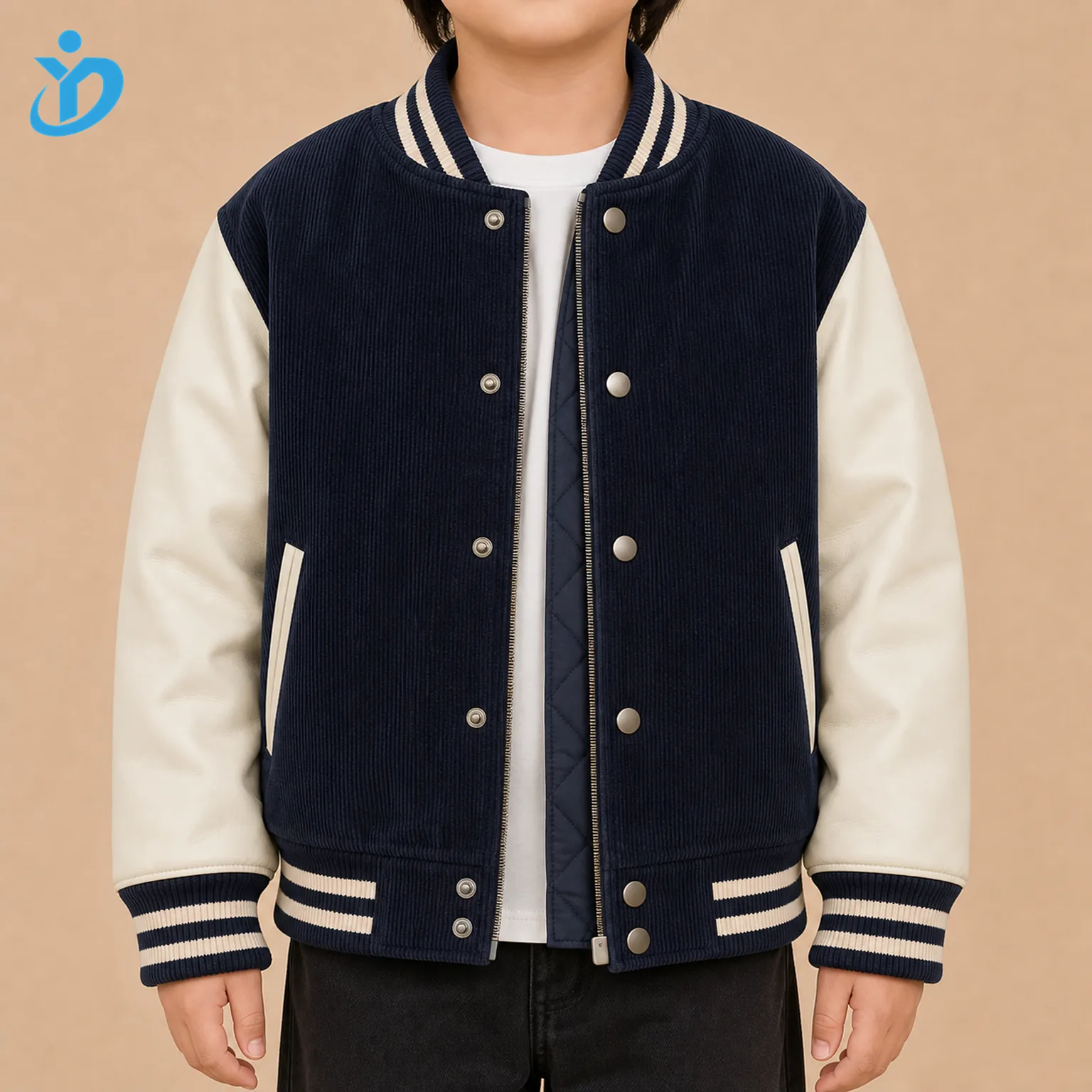 Upper body front view of custom kids varsity bomber jacket in navy and cream with PU-look sleeves, corduroy-look body, quilted lining, metal snap buttons, zipper edge, ribbed collar cuffs hem and Dongguan Yidi Clothing Co Ltd transparent logo