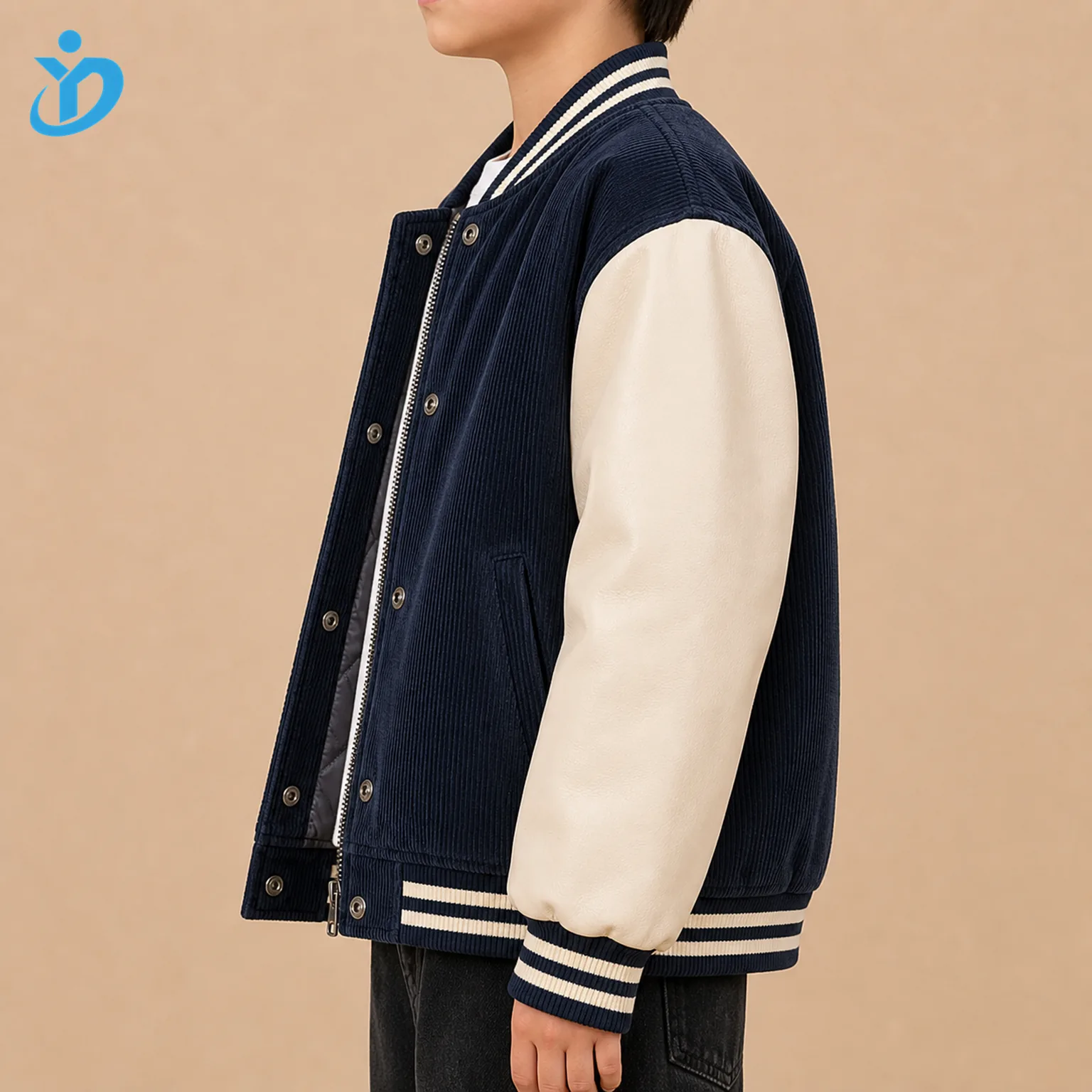 Upper body side view of custom kids varsity bomber jacket showing navy body, cream sleeve, ribbed collar cuffs hem, metal snaps, zipper edge, welt pocket and Dongguan Yidi Clothing Co Ltd transparent logo
