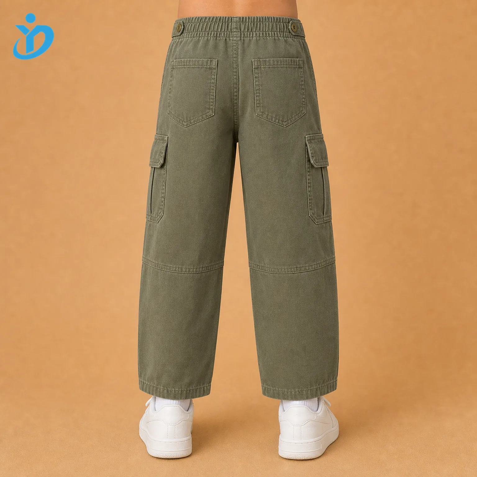 Lower body back view of custom kids washed twill cargo pants with olive green garment washed twill, back pockets, cargo pocket edges, relaxed straight leg and Dongguan Yidi Clothing Co Ltd transparent logo