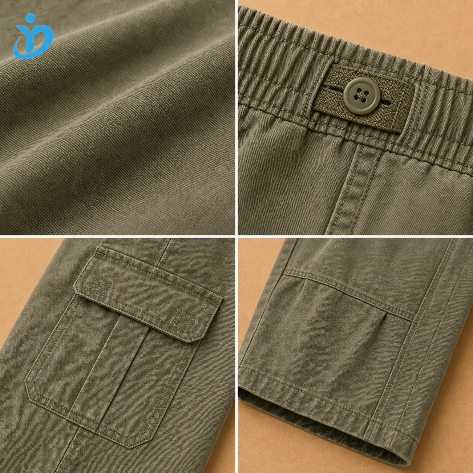 Detail grid for custom kids washed twill cargo pants showing washed twill texture, built-in adjustable button waist, 3D flap cargo pocket, knee seam panel and Dongguan Yidi Clothing Co Ltd transparent logo
